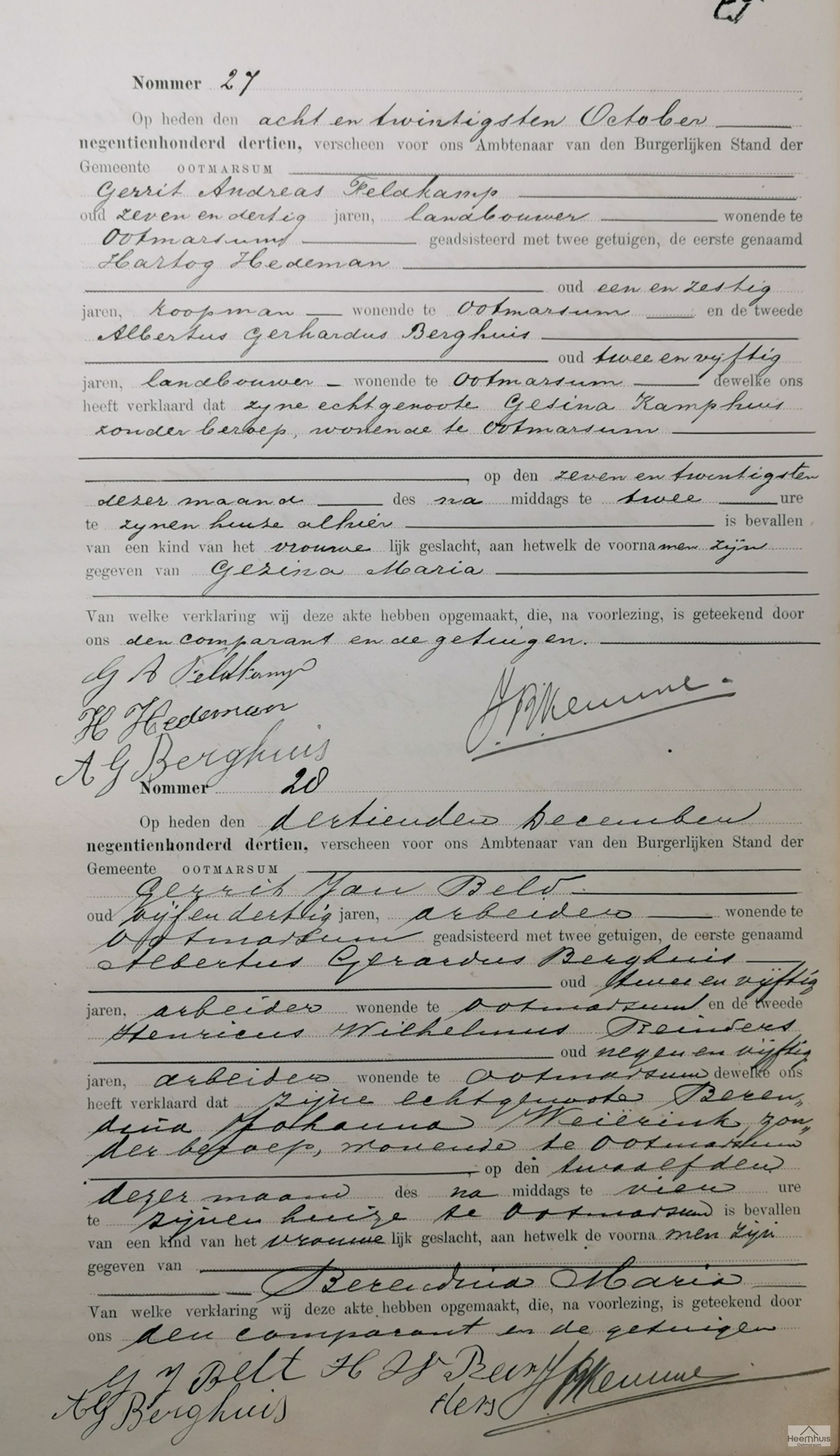 Geboorteakte van Gezina Maria  Feldkamp