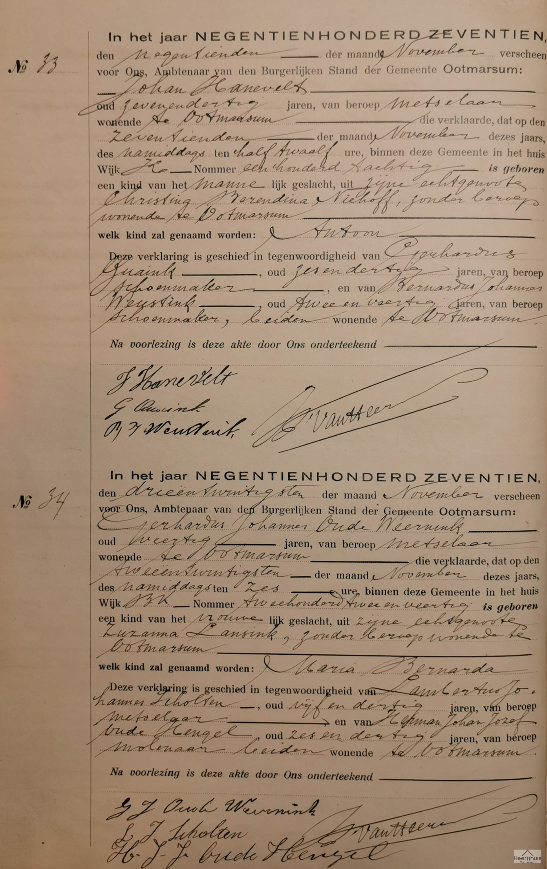 Geboorteakte van Antoon Hanevelt