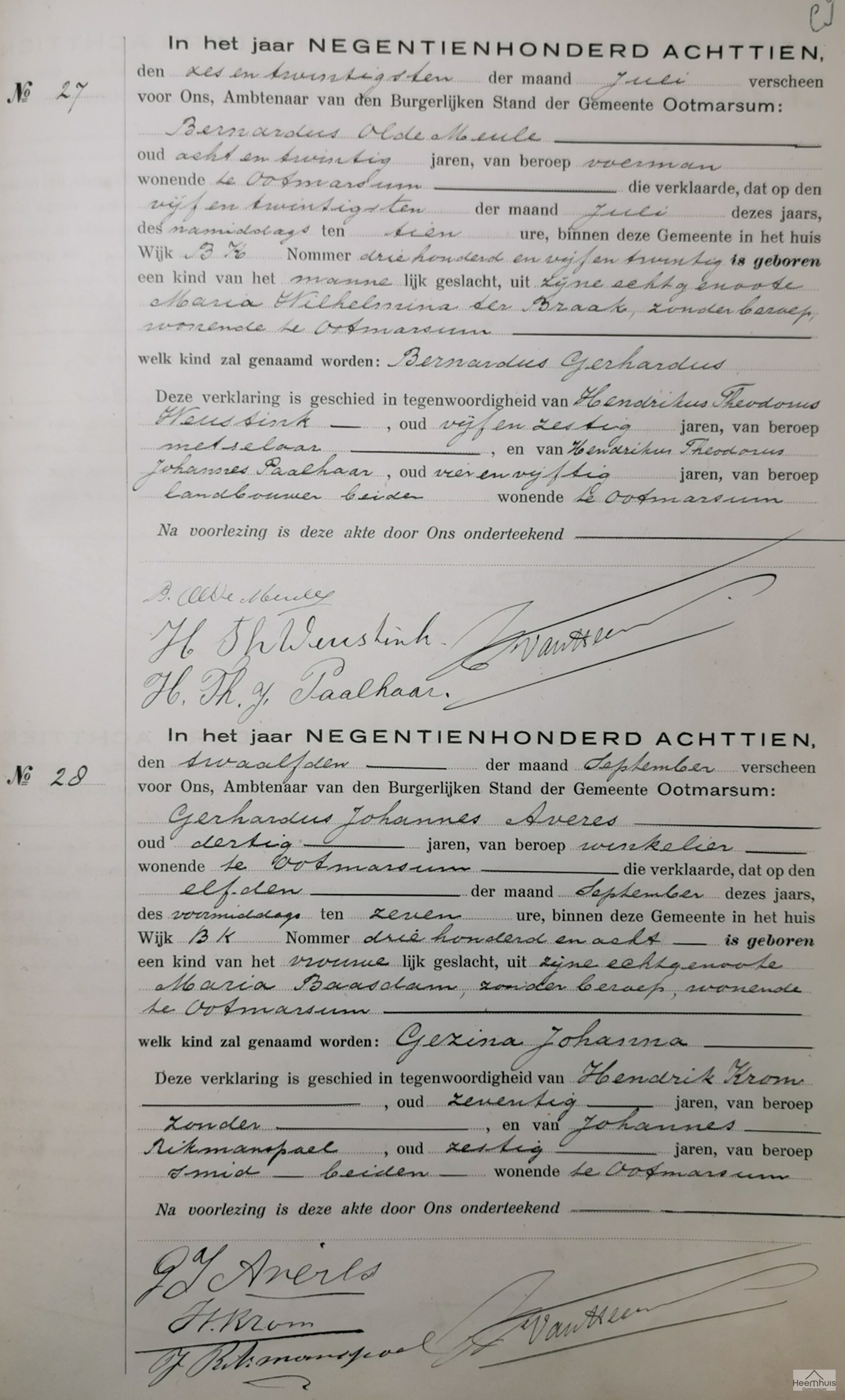 Geboorteakte van Bernardus Gerhardus Olde Meule