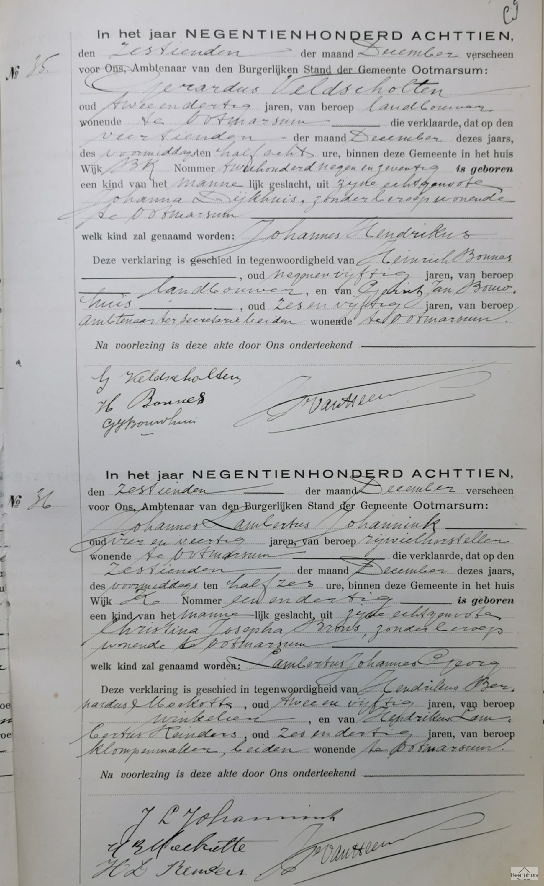 Geboorteakte van Johannes Hendrikus Veldscholten