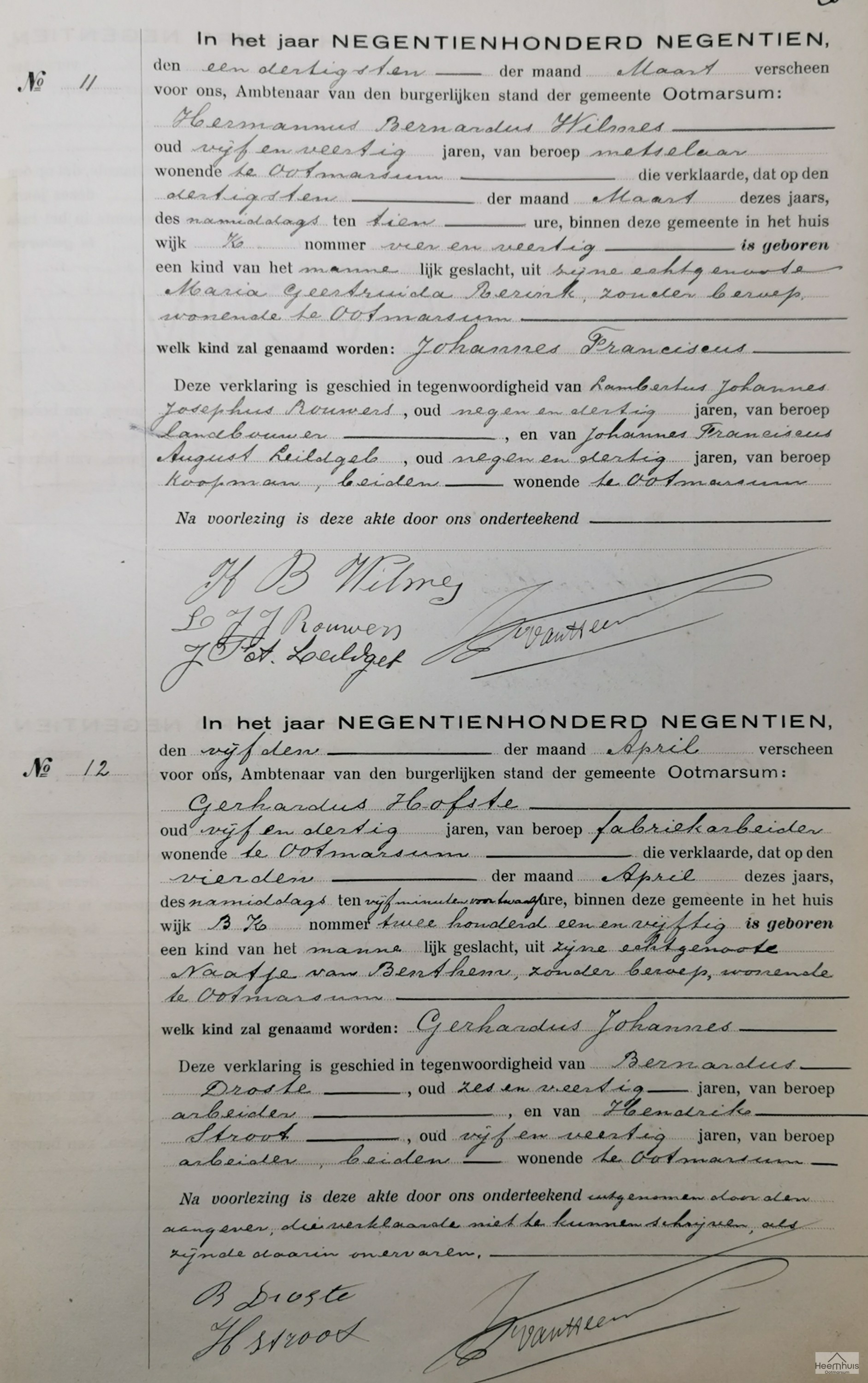 Geboorteakte van Gerhardus Johannes Hofste