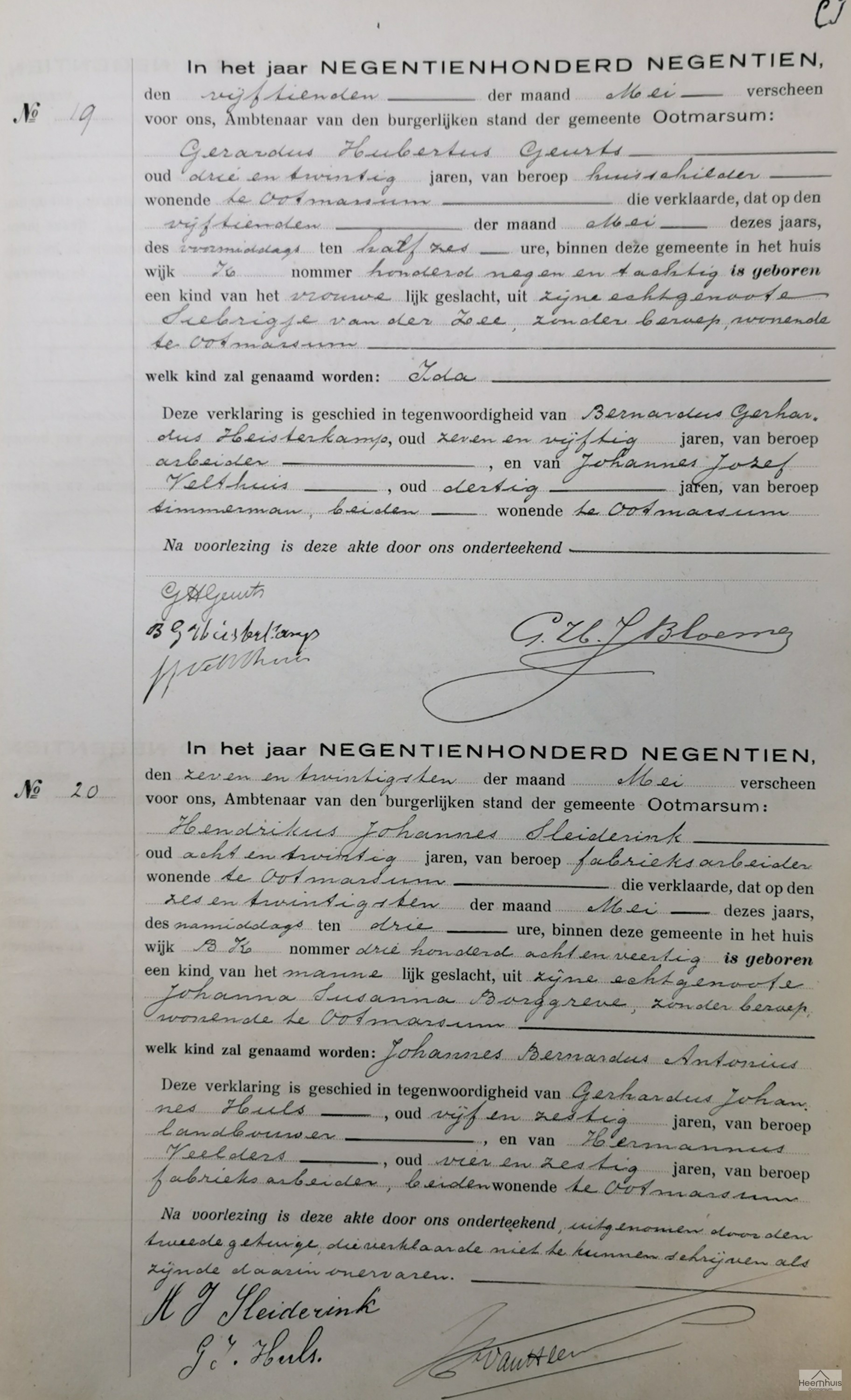 Geboorteakte van Johannes Bernardus Antonius Sleiderink