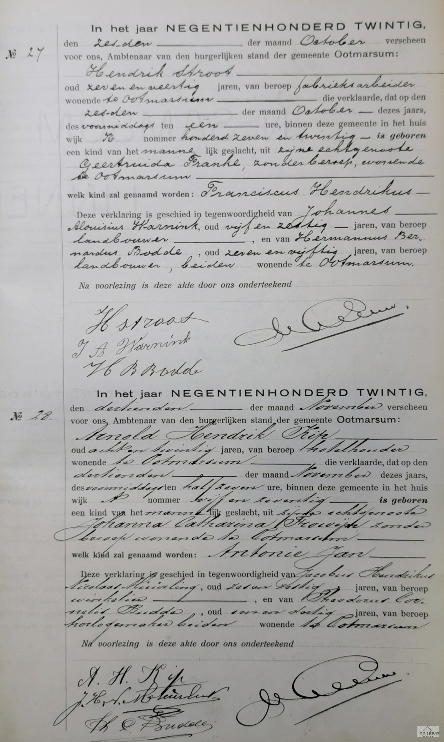 Geboorteakte van Franciscus Hendrikus Stroot