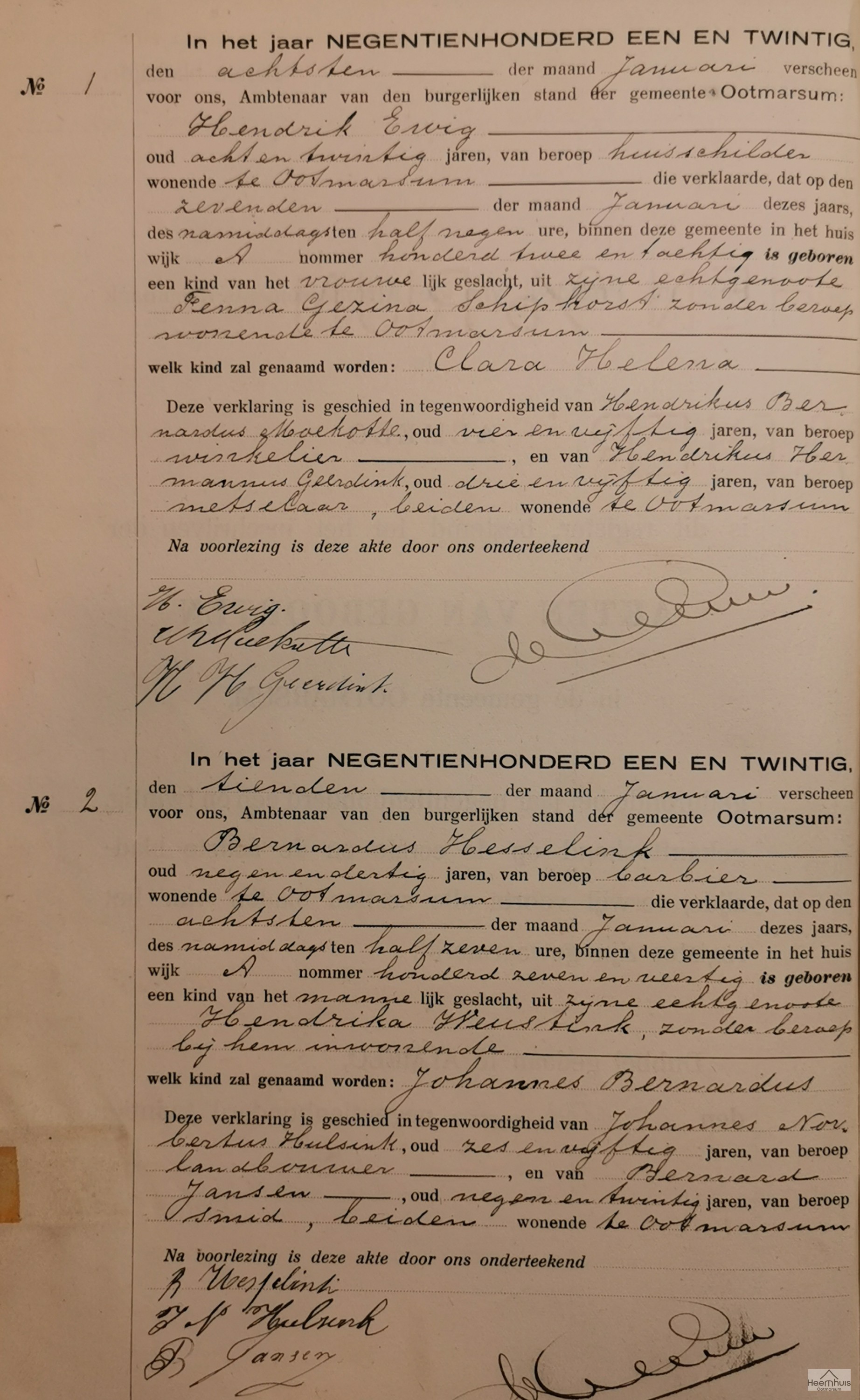 Geboorteakte van Johannes Bernardus Hesselink