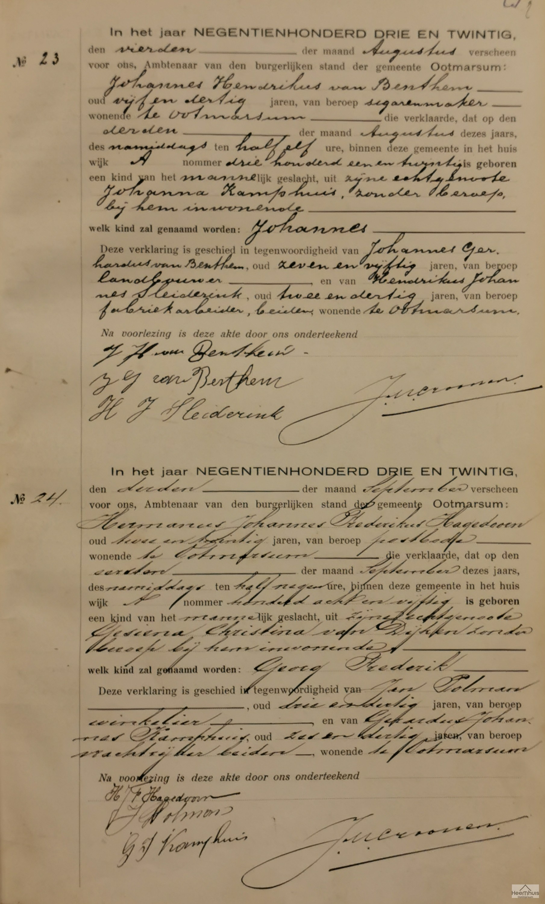 Geboorteakte van Georg Frederik Hagedoorn