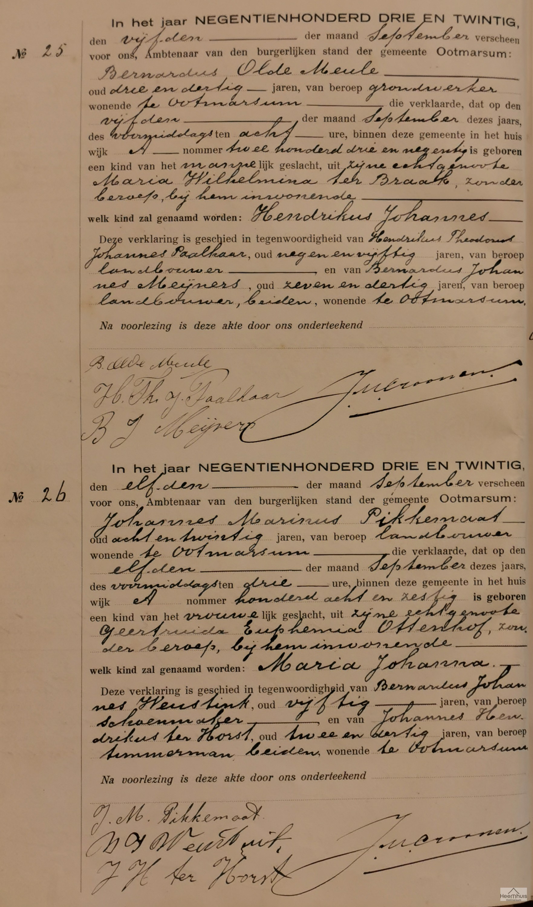 Geboorteakte van Hendrikus Johannes Olde Meule