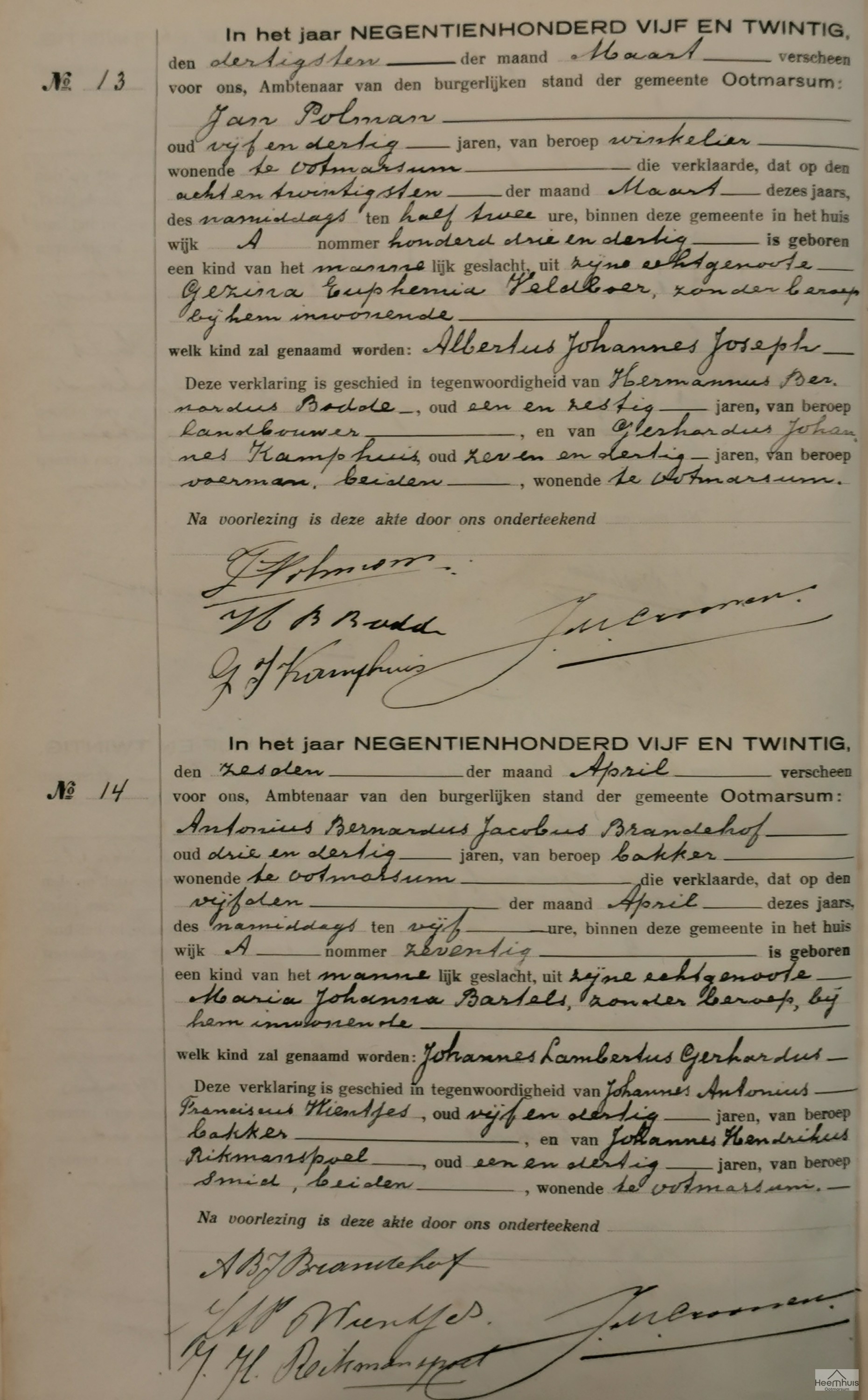 Geboorteakte van Johannes Lambertus Gerhardus Brandehof