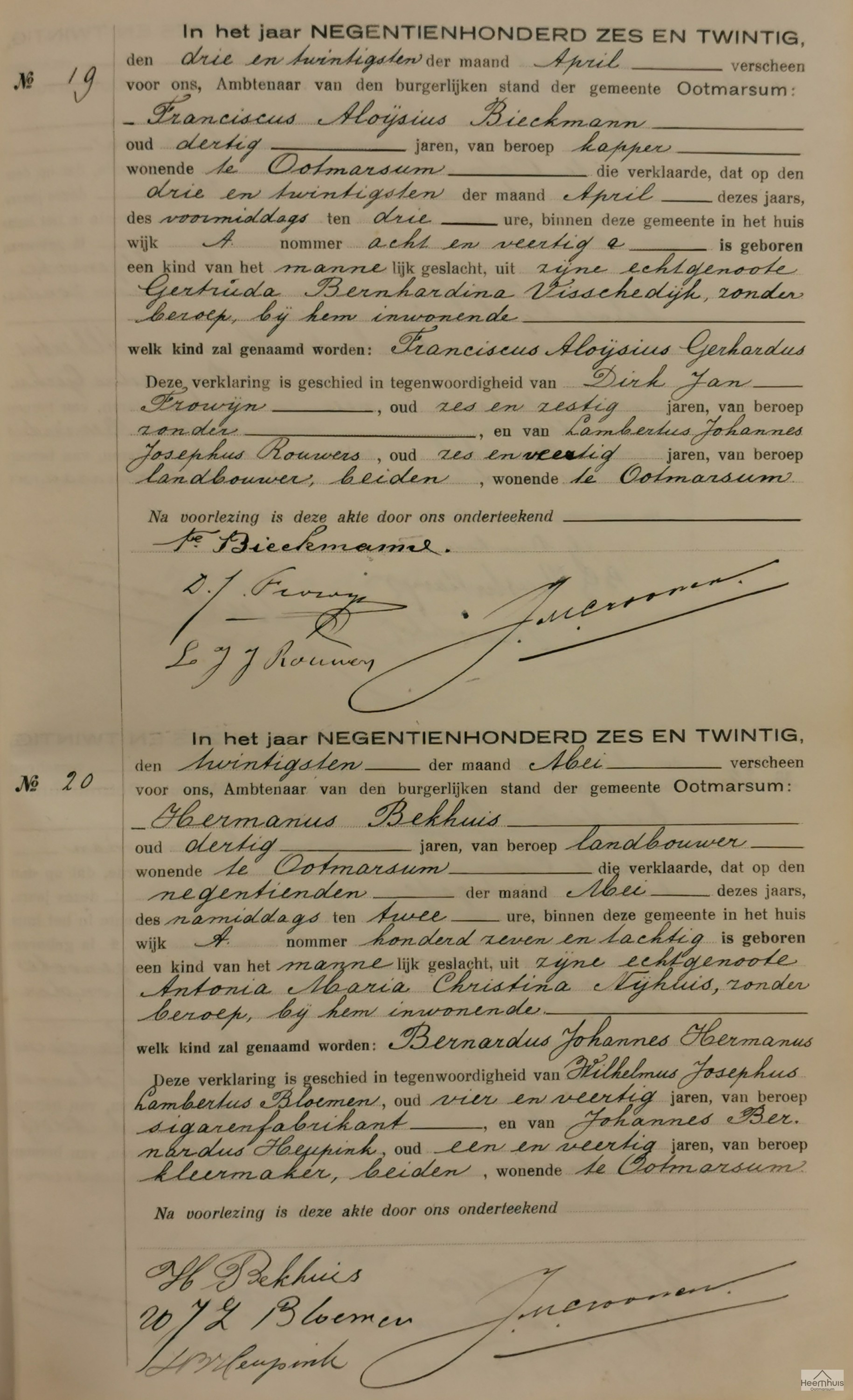 Geboorteakte van Franciscus Aloijsius Gerhardus Biekmann