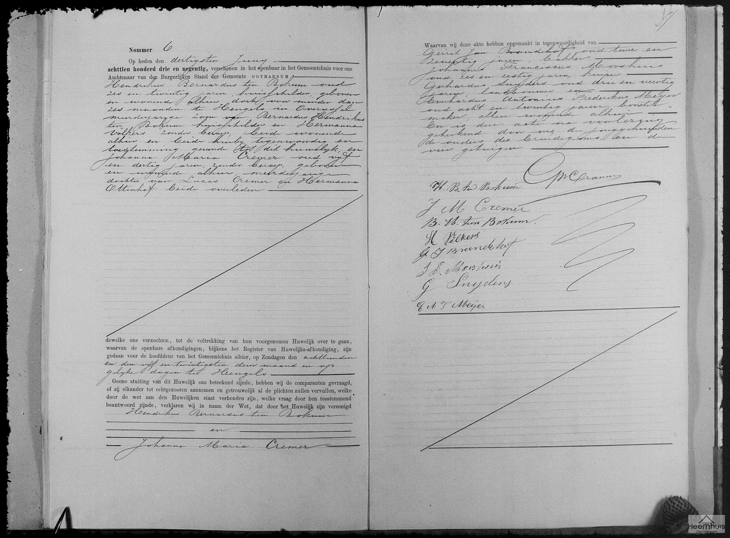Huwelijksakte van Hendrikus Bernardus ten Bokum en Johanna Maria Cremer