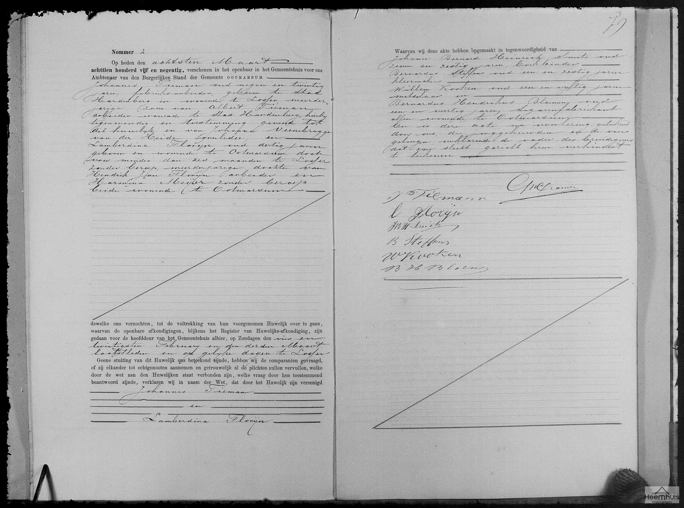 Huwelijksakte van Johannes Tieman en Lamberdina Florijn