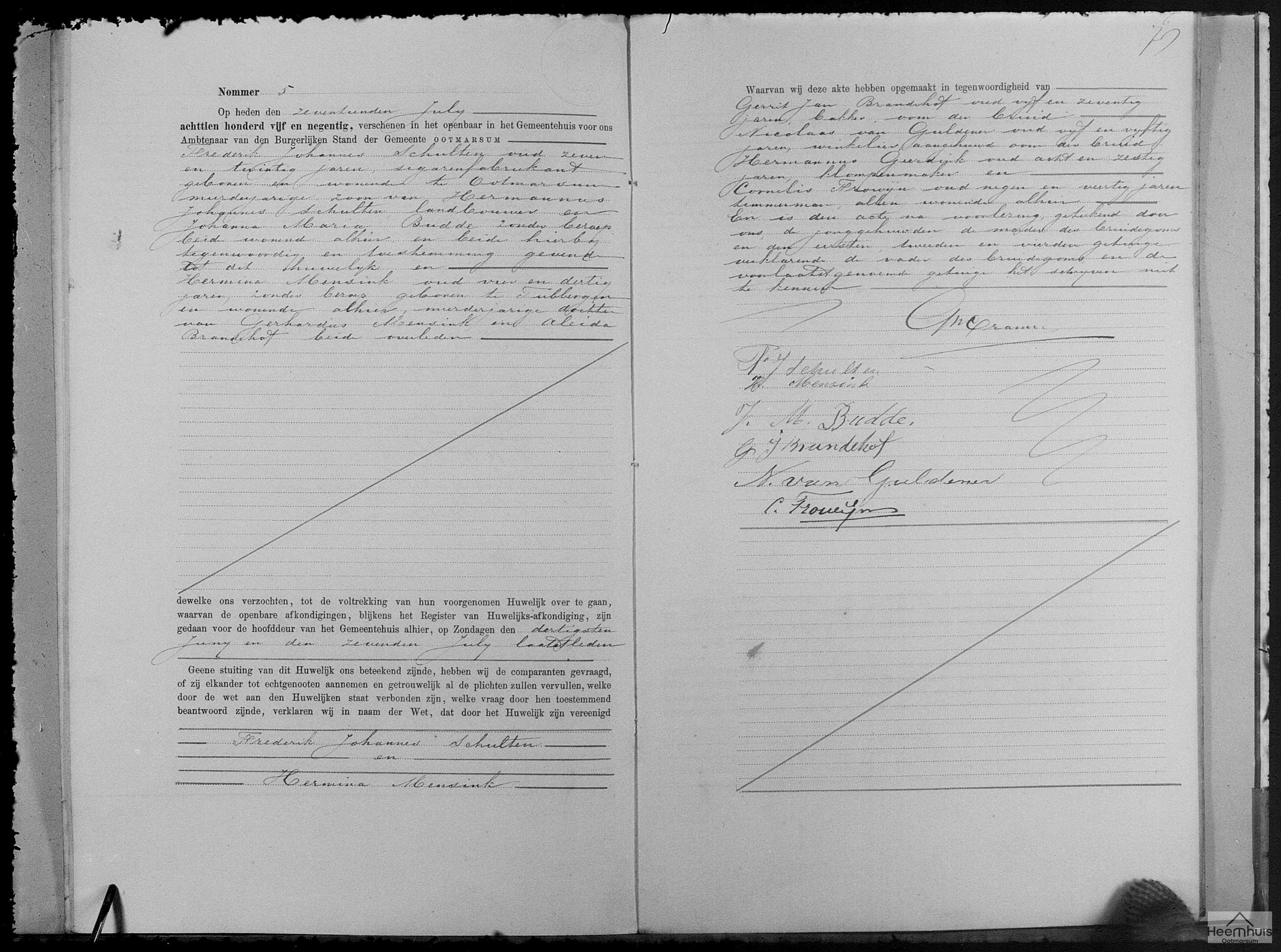 Huwelijksakte van Frederik Johannes Schulten en Hermina Mensink