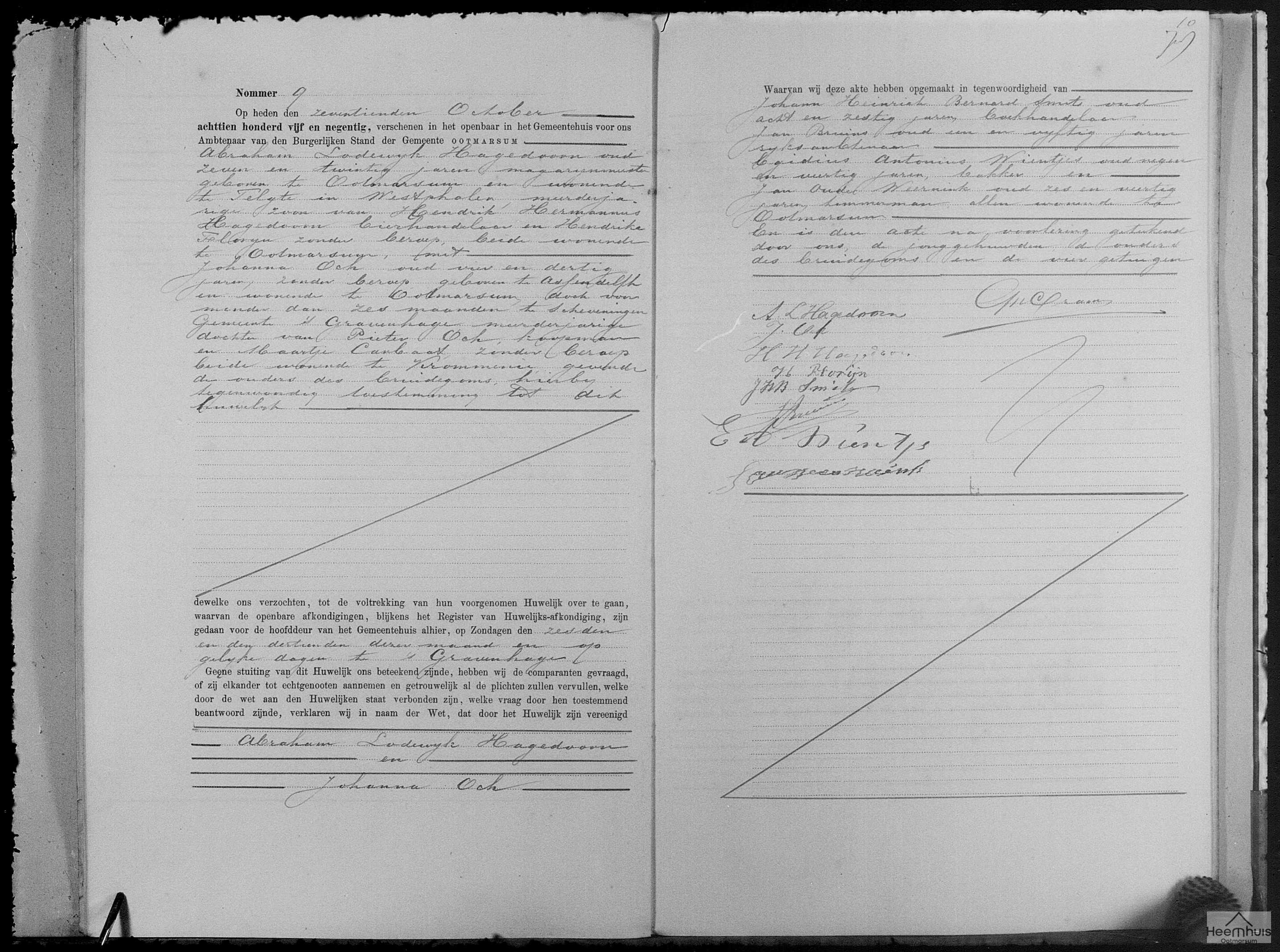 Huwelijksakte van Abraham Lodewijk Hagedoorn en Johanna Och