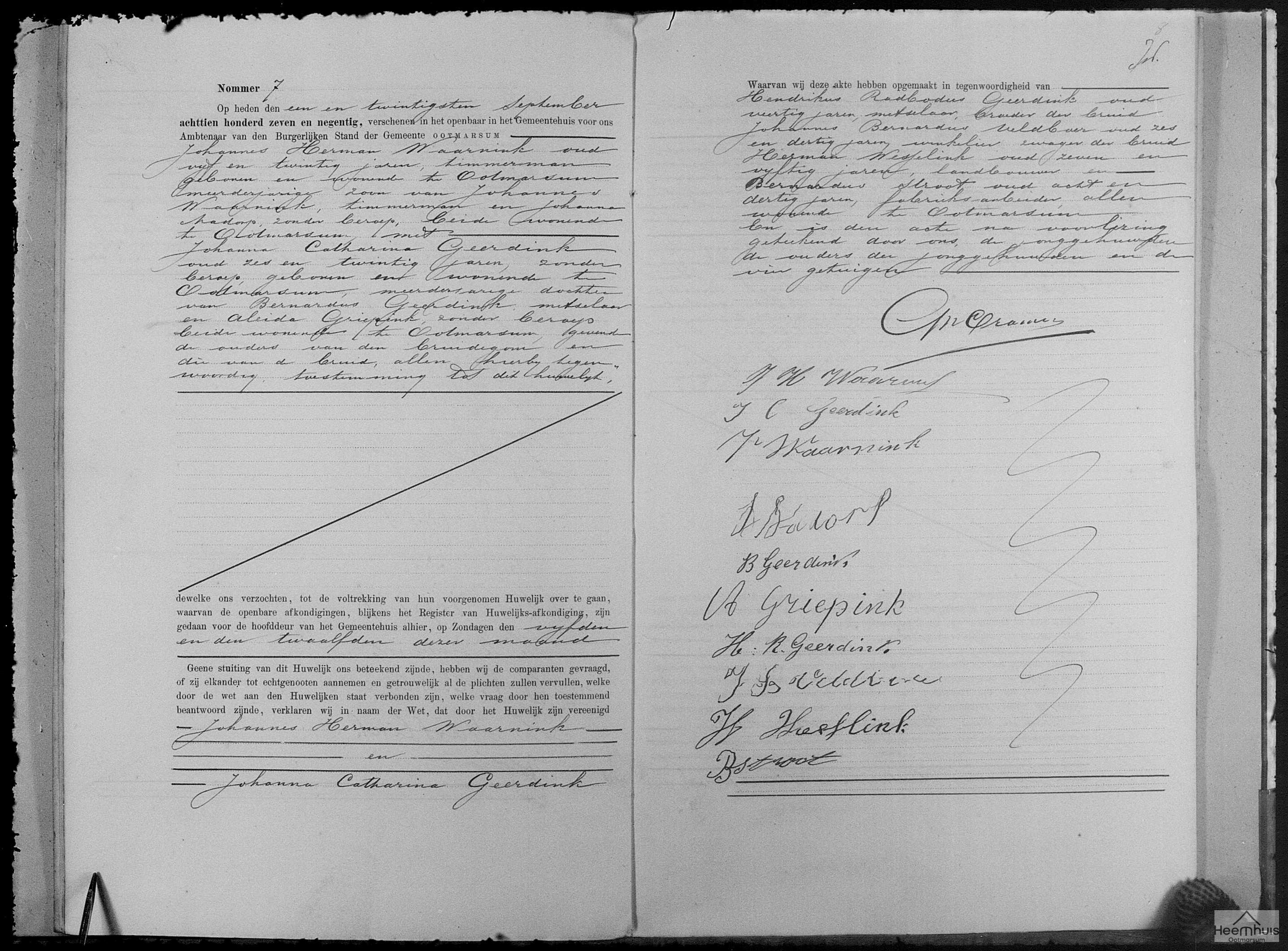 Huwelijksakte van Johannes Herman Waarnink en Johanna Catharina Geerdink