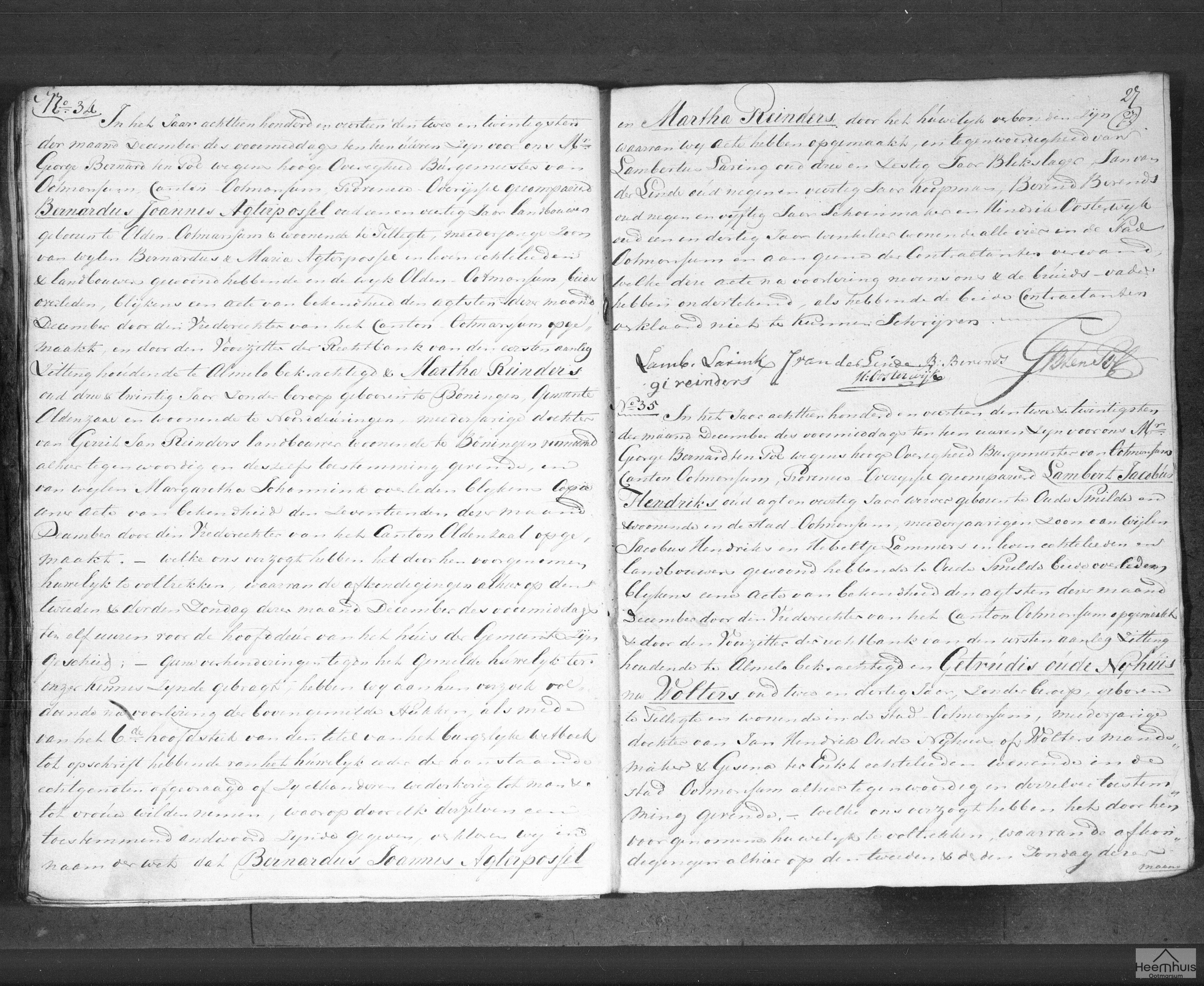 Huwelijksakte van Bernardus Joannes Agterpossel en Martha Reinders