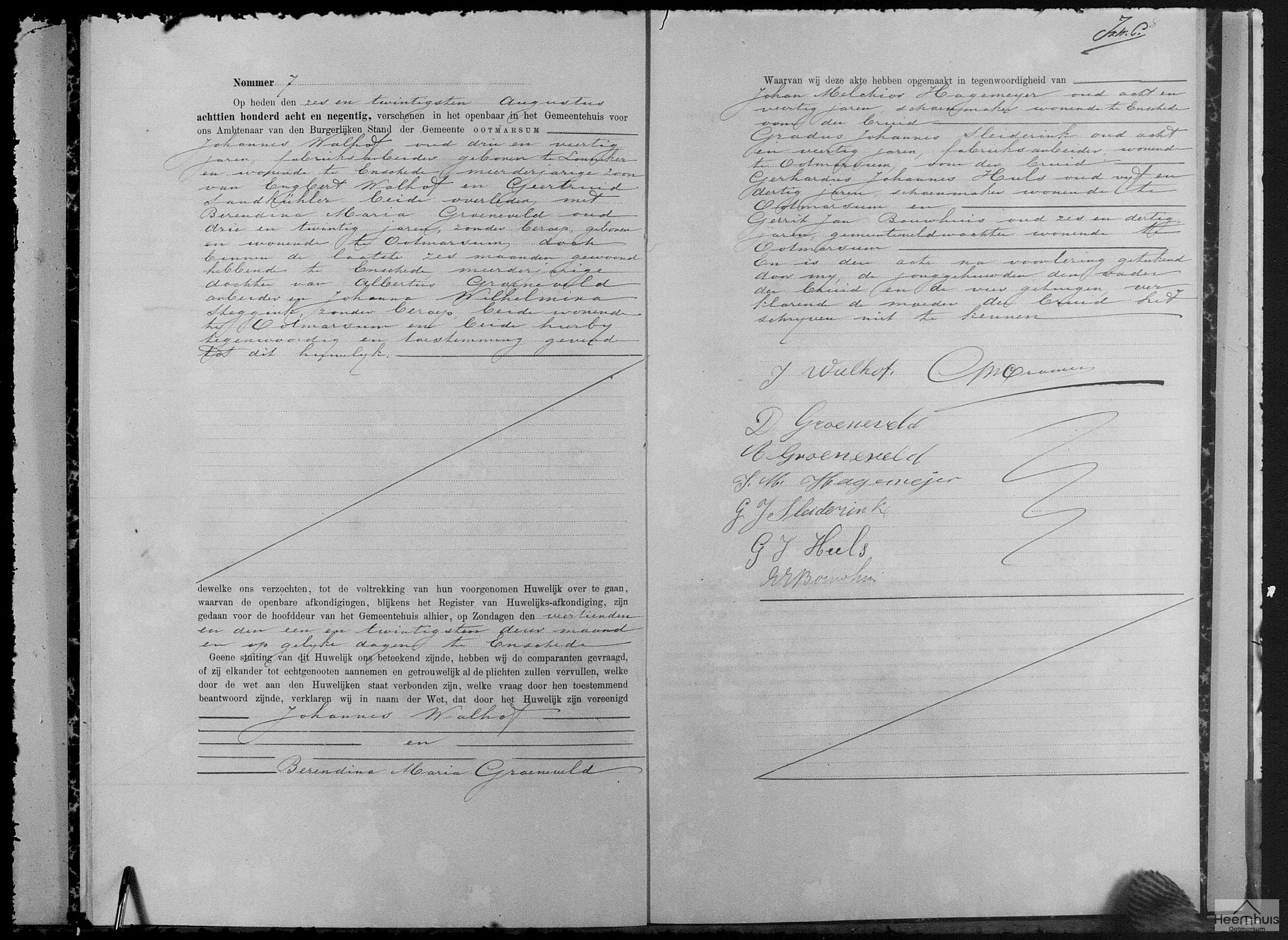 Huwelijksakte van Johannes Walhof en Berendina Maria Groeneveld