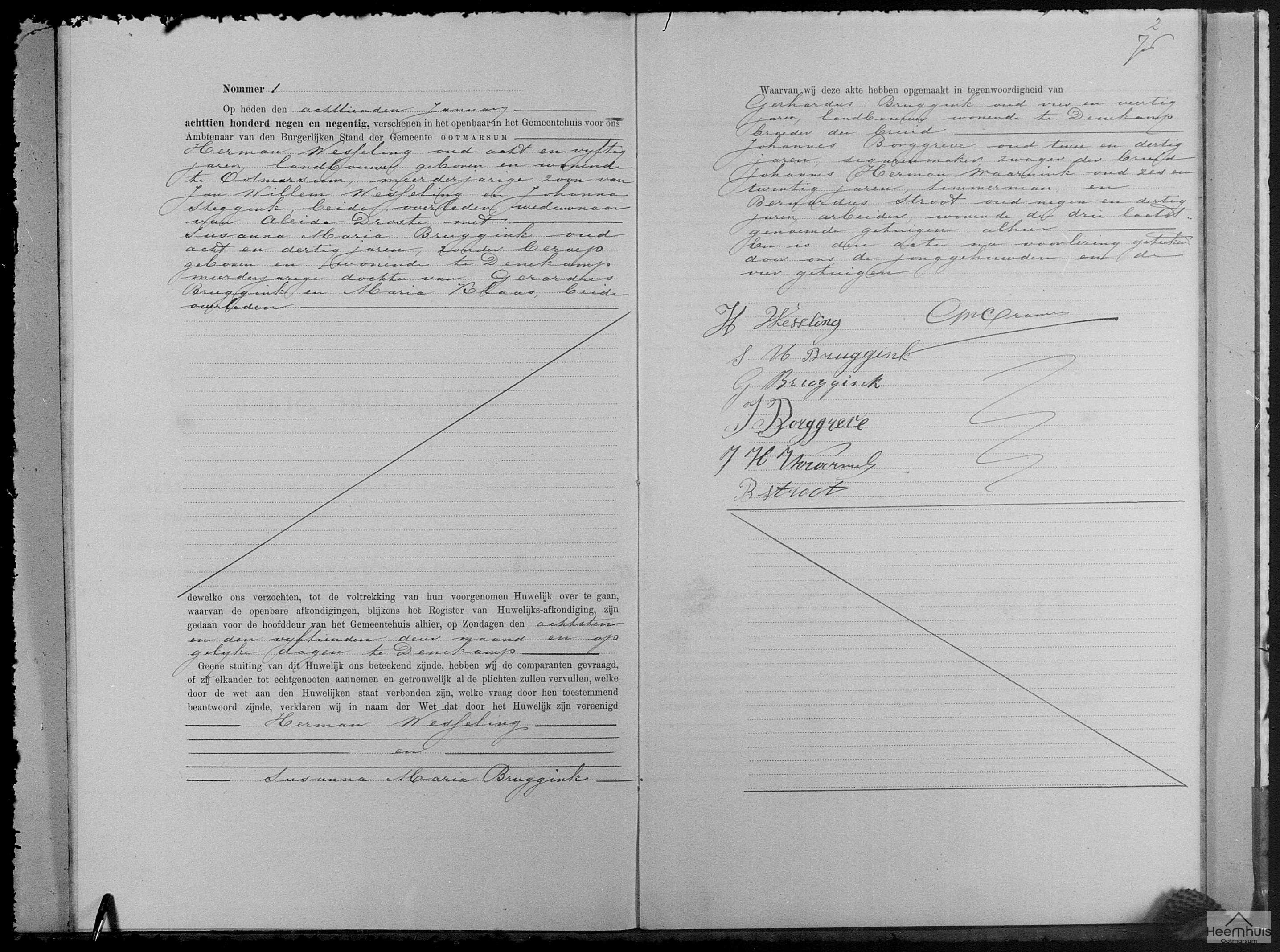 Huwelijksakte van Herman Wesseling en Susanna Maria Bruggink