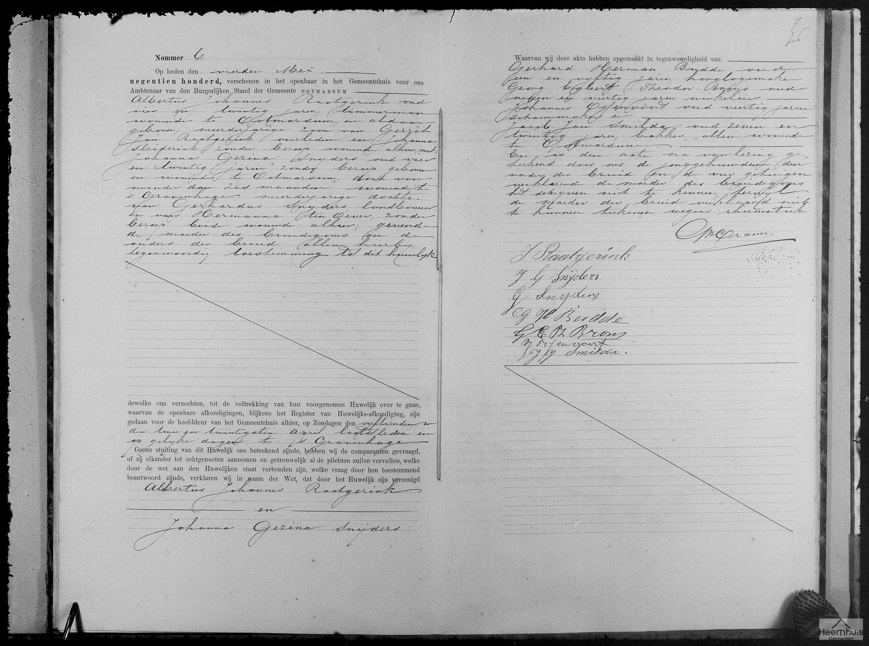 Huwelijksakte van Albertus Johannes Raatgerink en Johanna Gezina Snijders