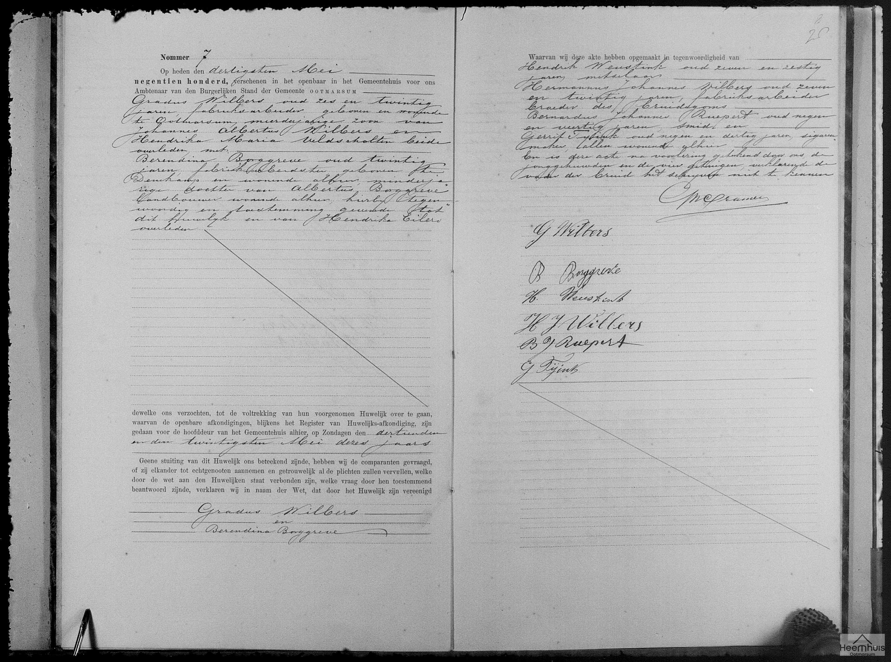 Huwelijksakte van Gradus Wilbers en Berendina Borggreve