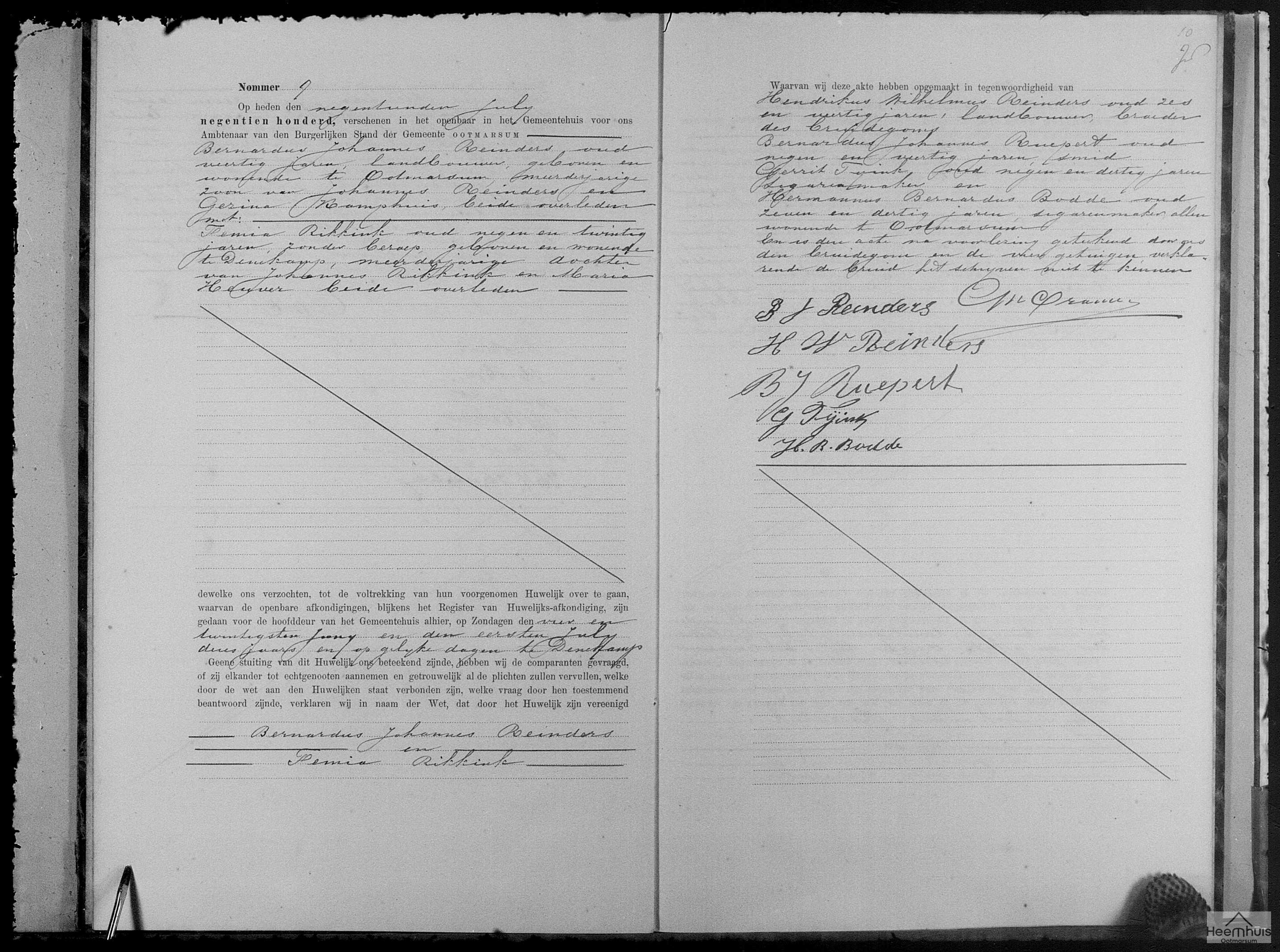 Huwelijksakte van Bernardus Johannes Reinders en Femia Rikkink