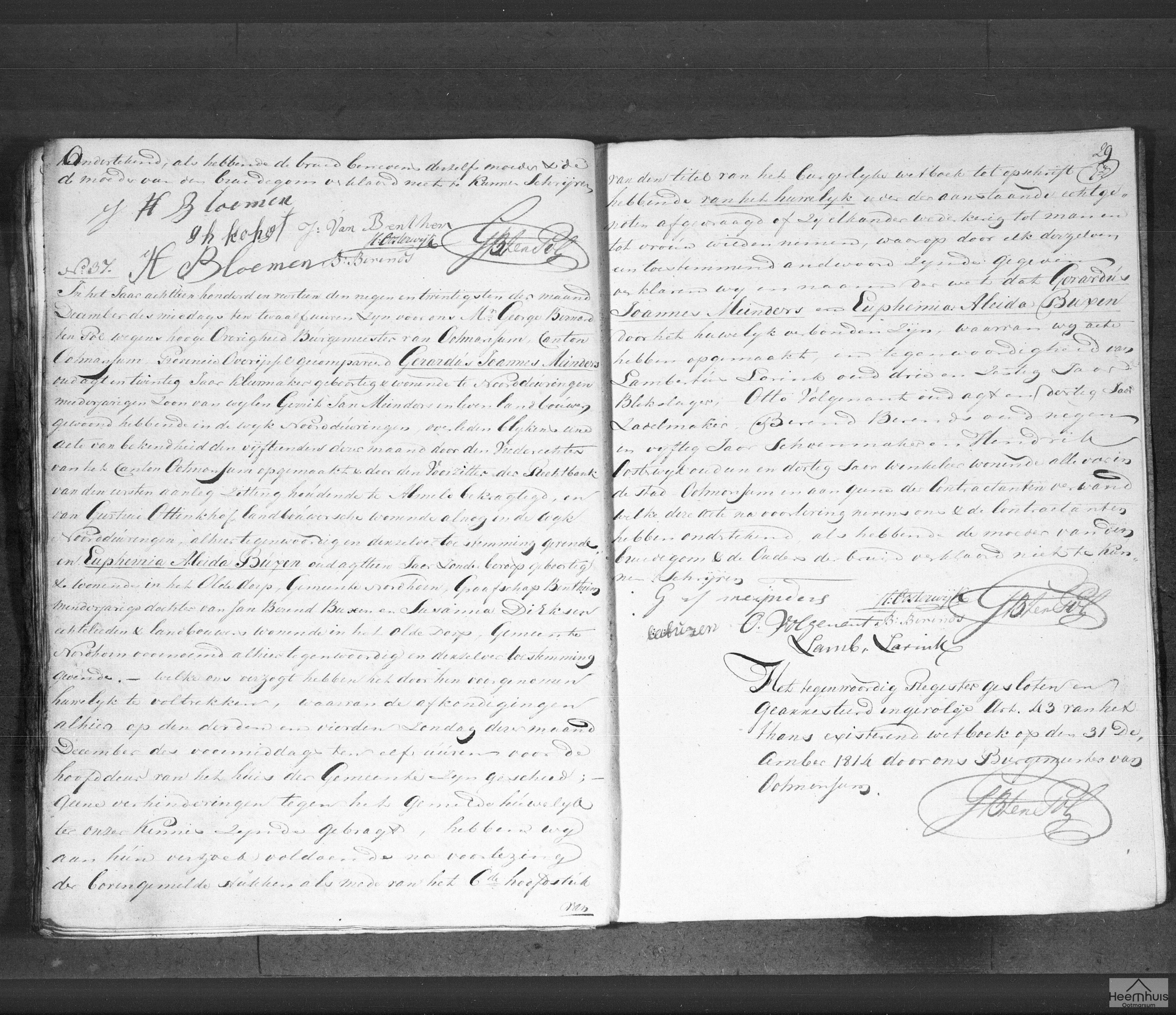 Huwelijksakte van Gerardus Joannes Meinders en Euphemia Aleida Buxen