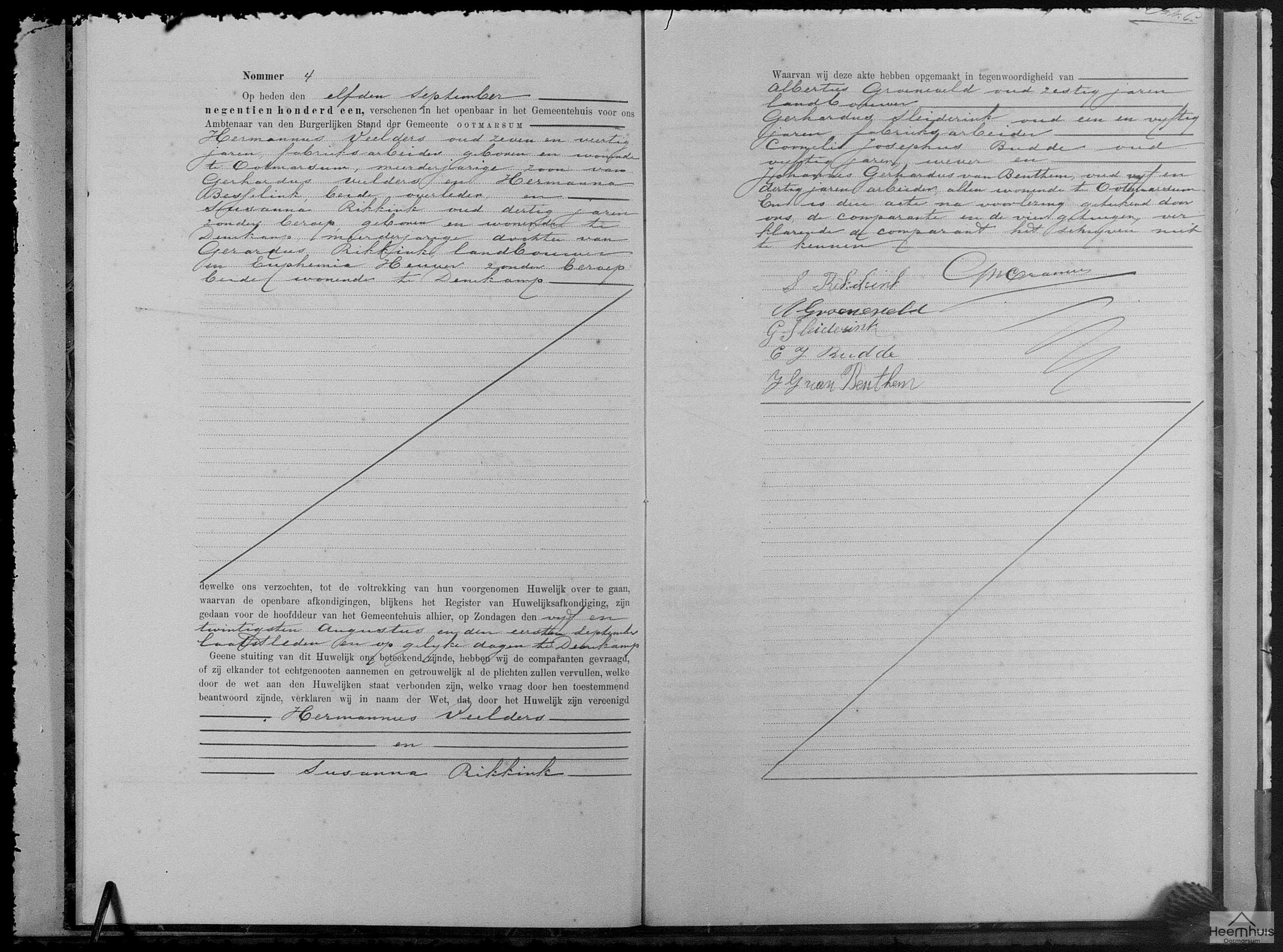 Huwelijksakte van Hermannus Veelders en Susanna Rikkink