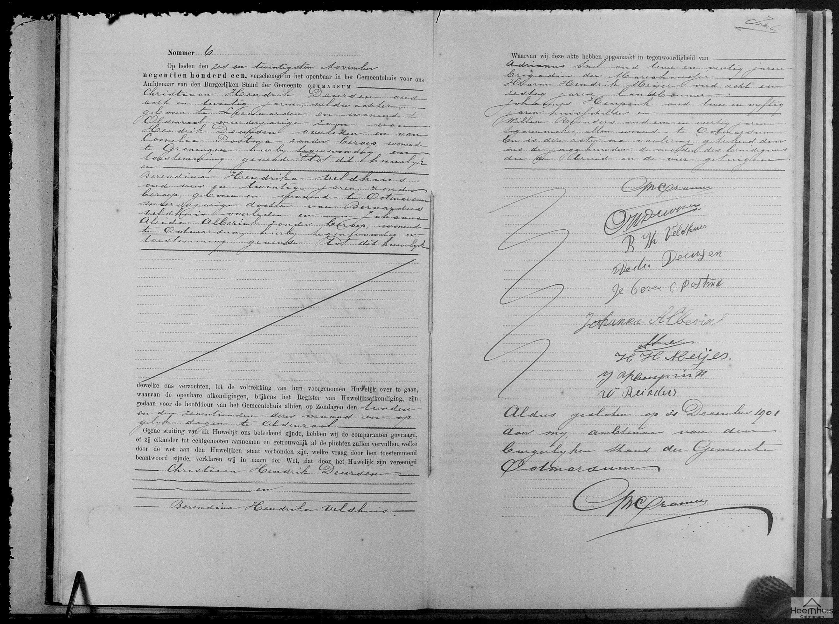 Huwelijksakte van Christiaan Hendrik Deursen en Berendina Hendrika Veldhuis