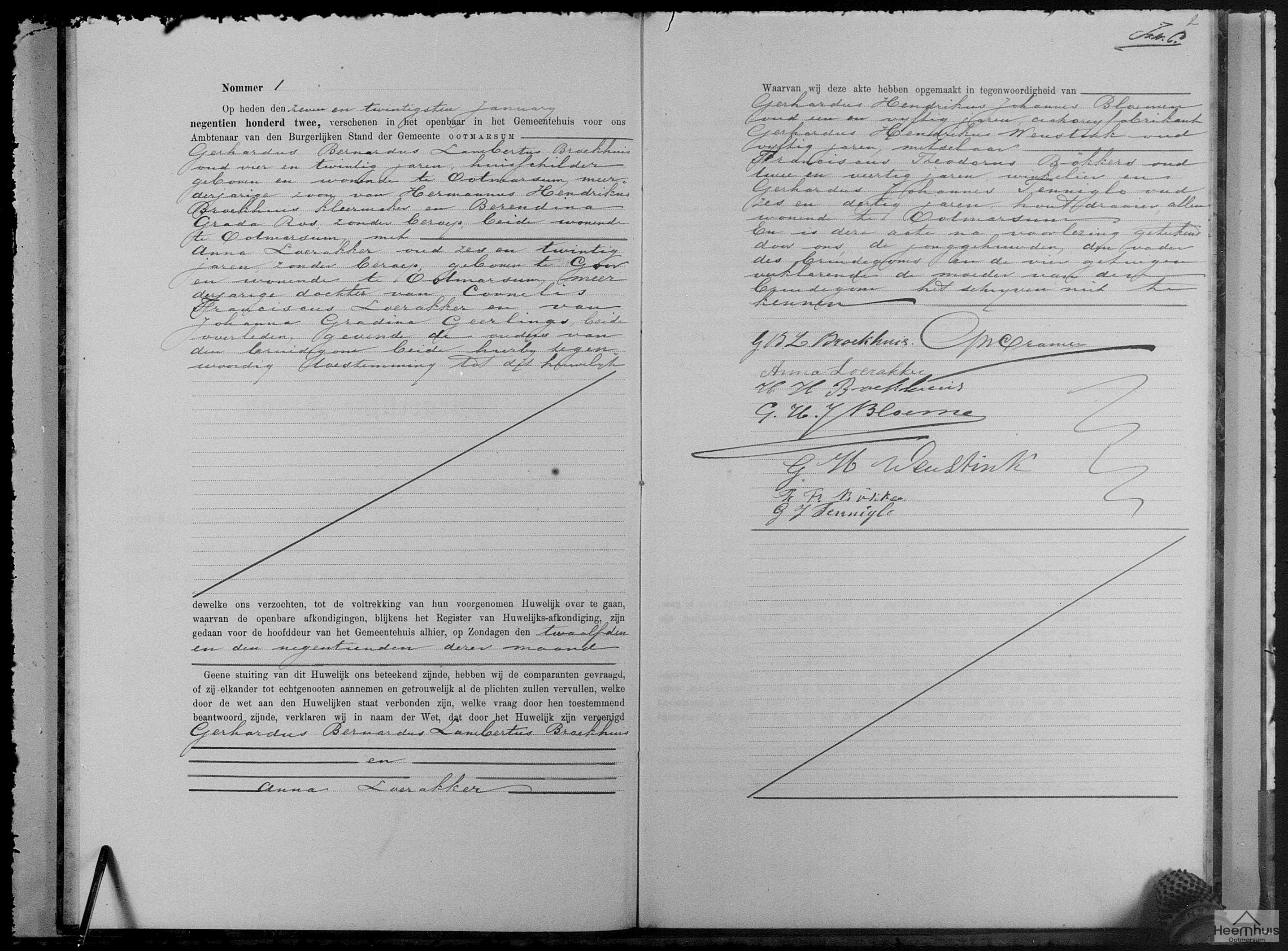 Huwelijksakte van Gerhardus Bernardus Lambertus Broekhuis en Anna Loerakker