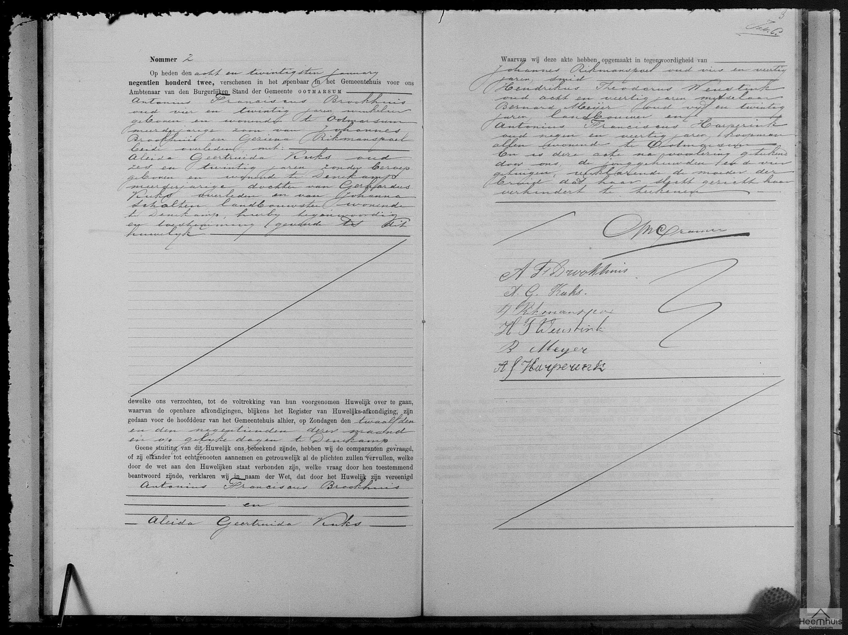 Huwelijksakte van Antonius Franciscus Brookhuis en Aleida Geertruida Kuks