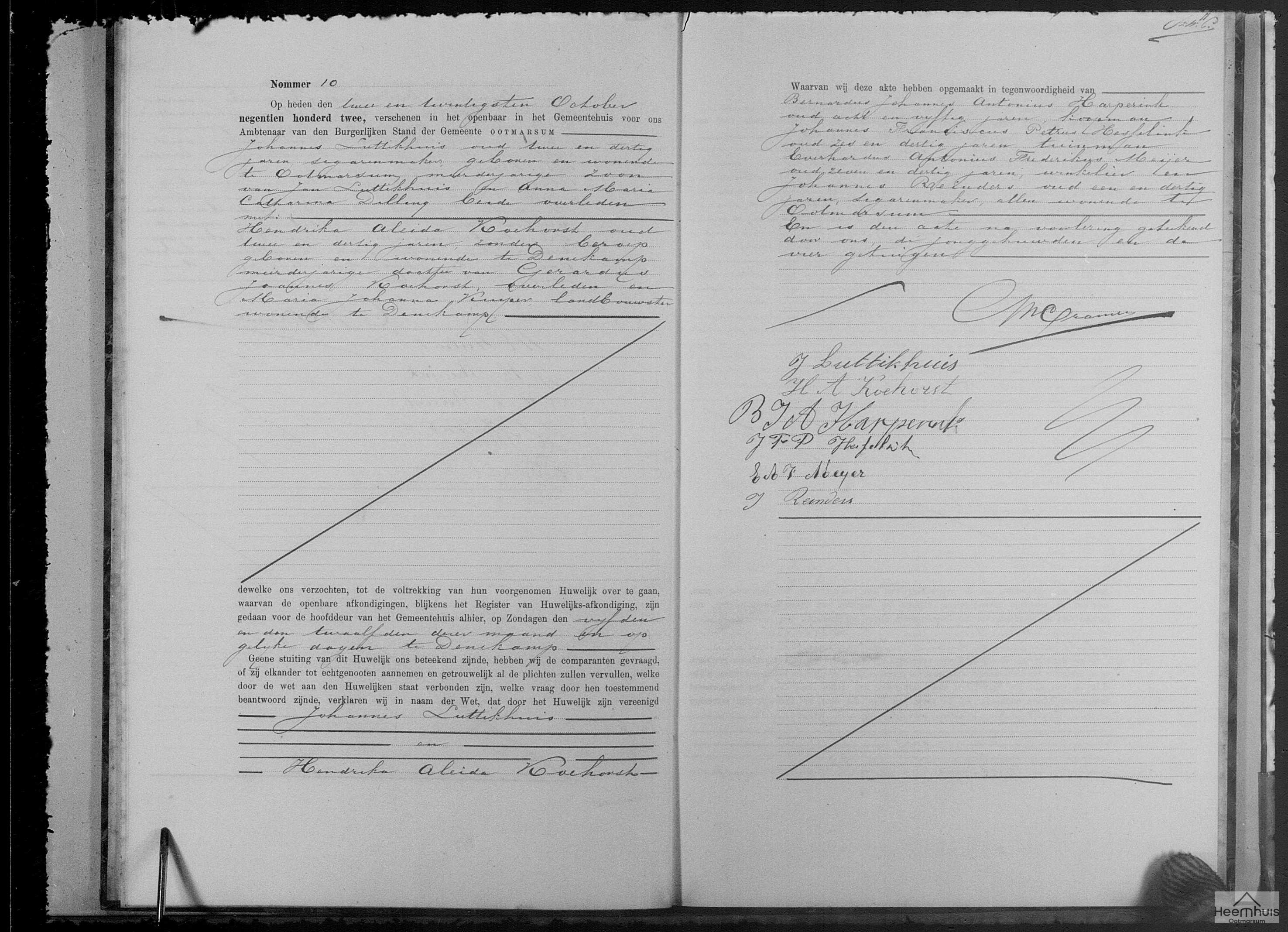 Huwelijksakte van Johannes Luttikhuis en Hendrika Aleida Koehorst