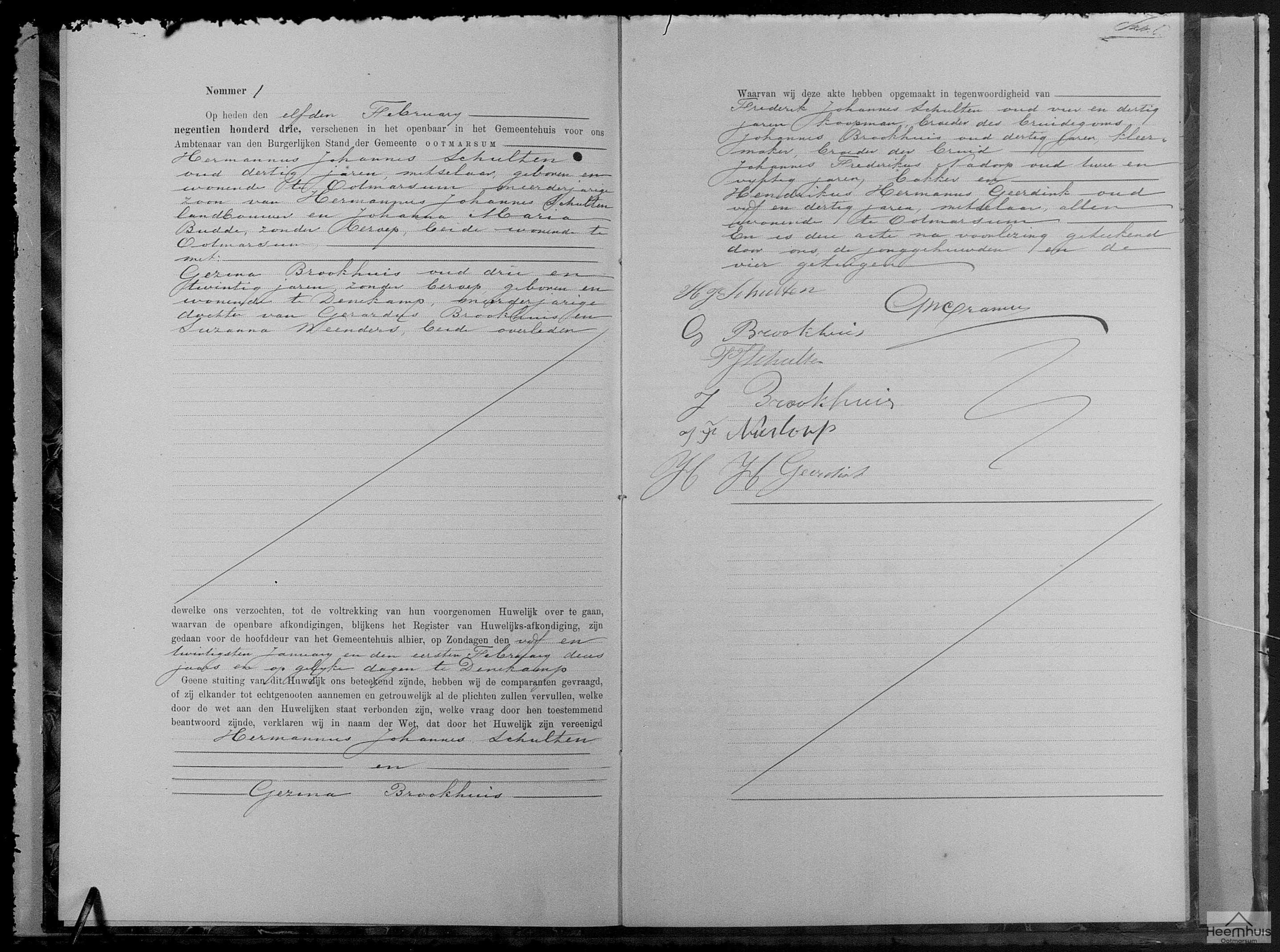 Huwelijksakte van Hermannus Johannes Schulten en Gezina Brookhuis