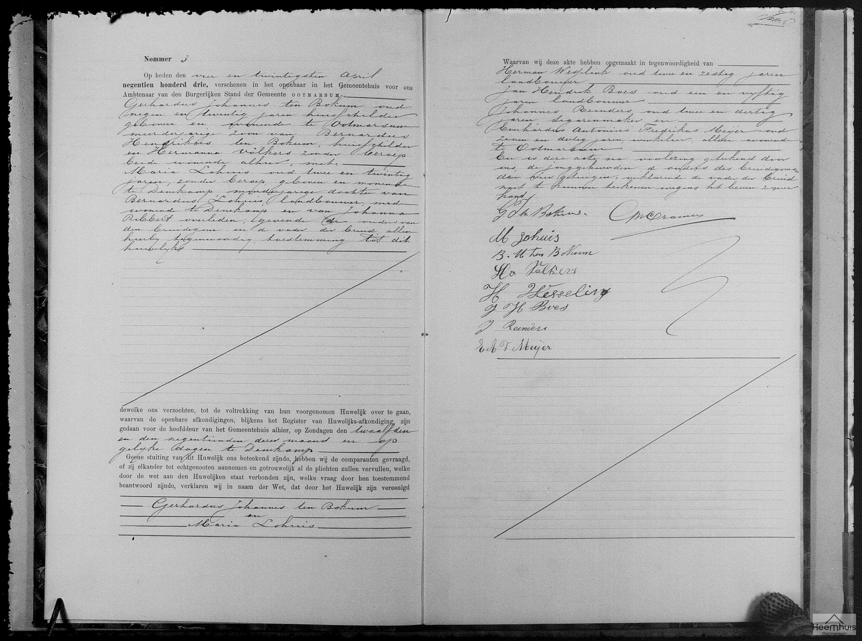 Huwelijksakte van Gerhardus Johannes ten Bokum en Maria Lohuis