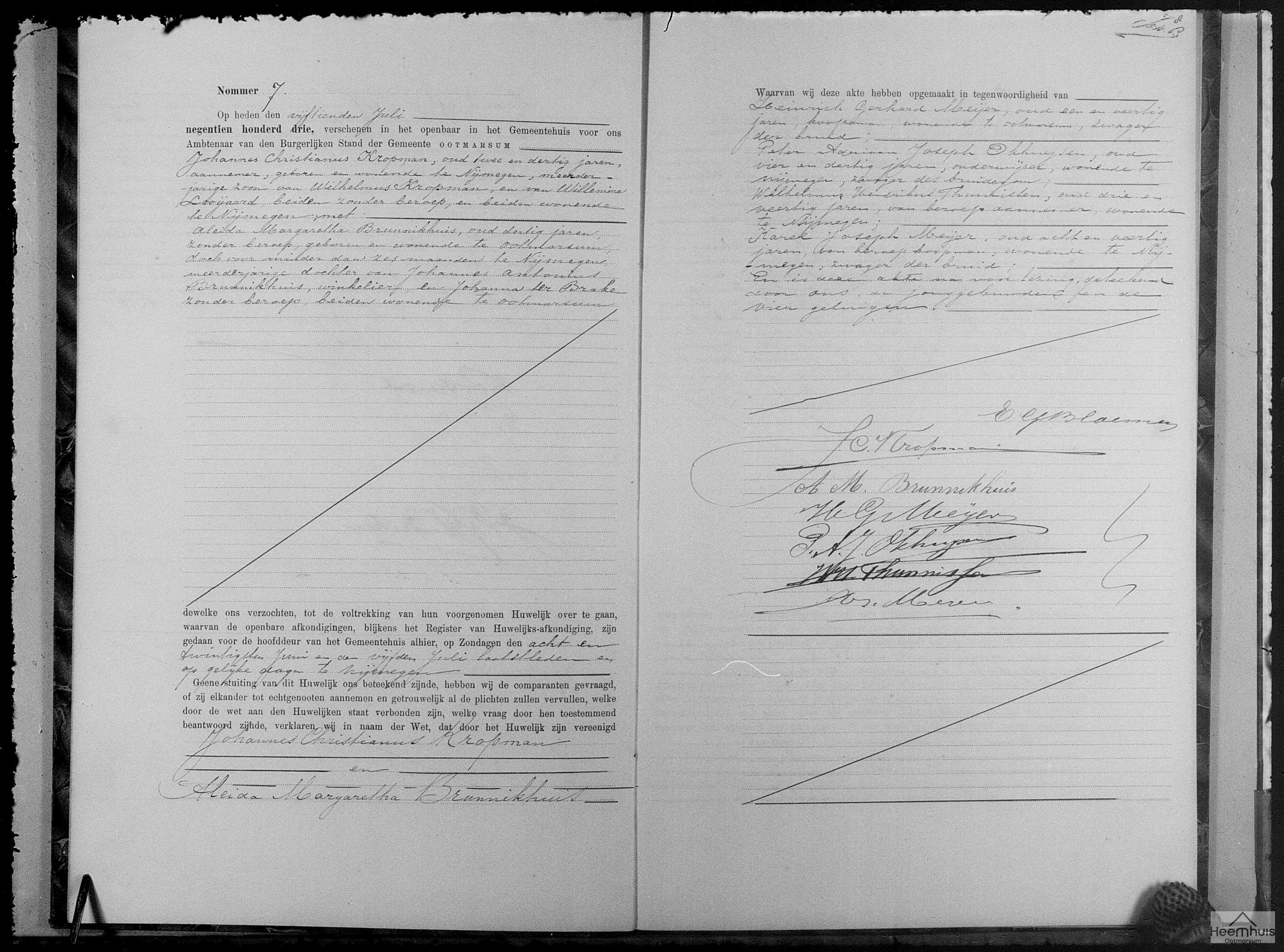 Huwelijksakte van Johannes Christianus Kropman en Aleida Margaretha Brunnikhuis