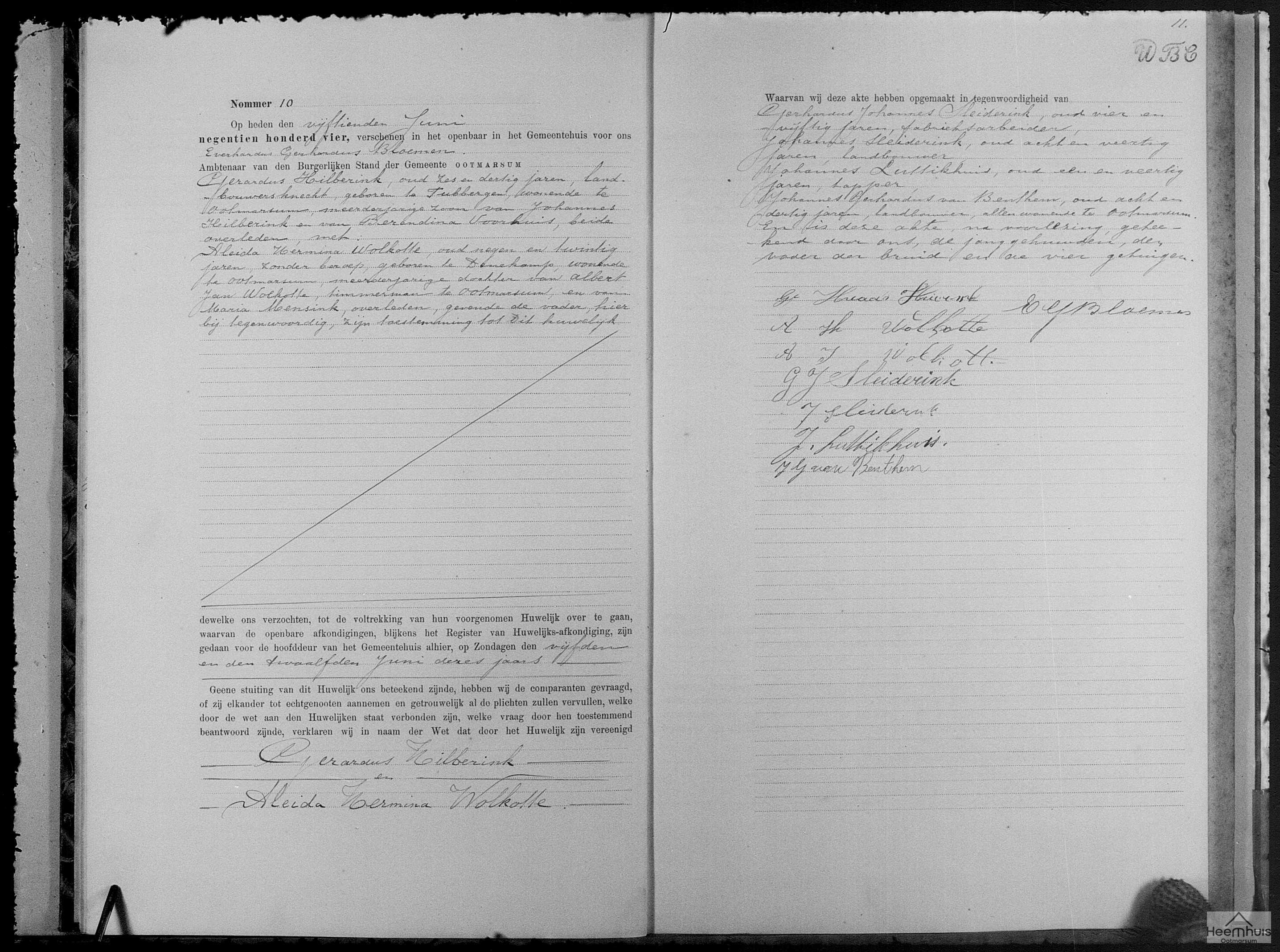 Huwelijksakte van Gerardus Hilberink en Aleida Hermina Wolkotte