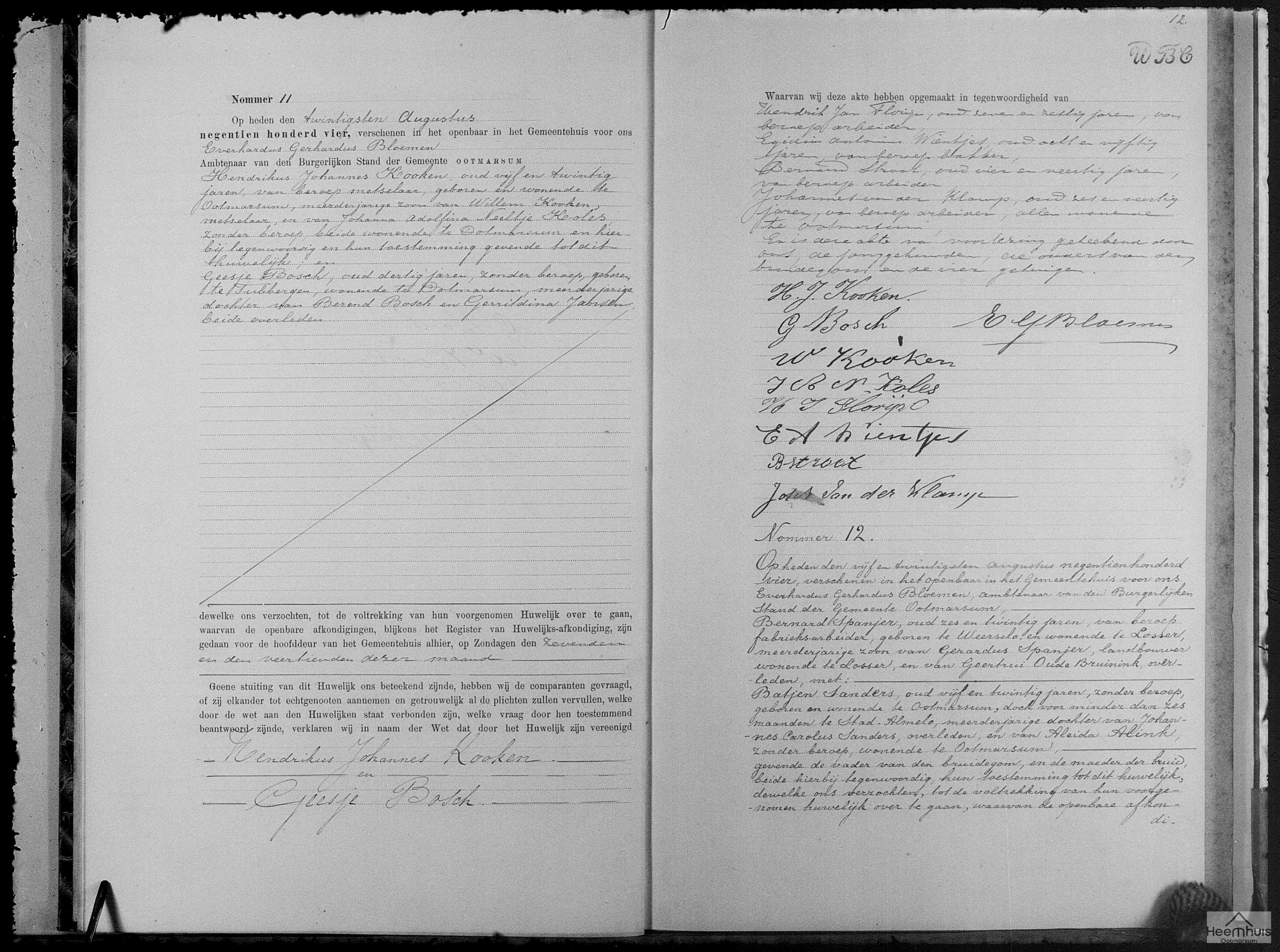 Huwelijksakte van Hendrikus Johannes Kooken en Geesje Bosch