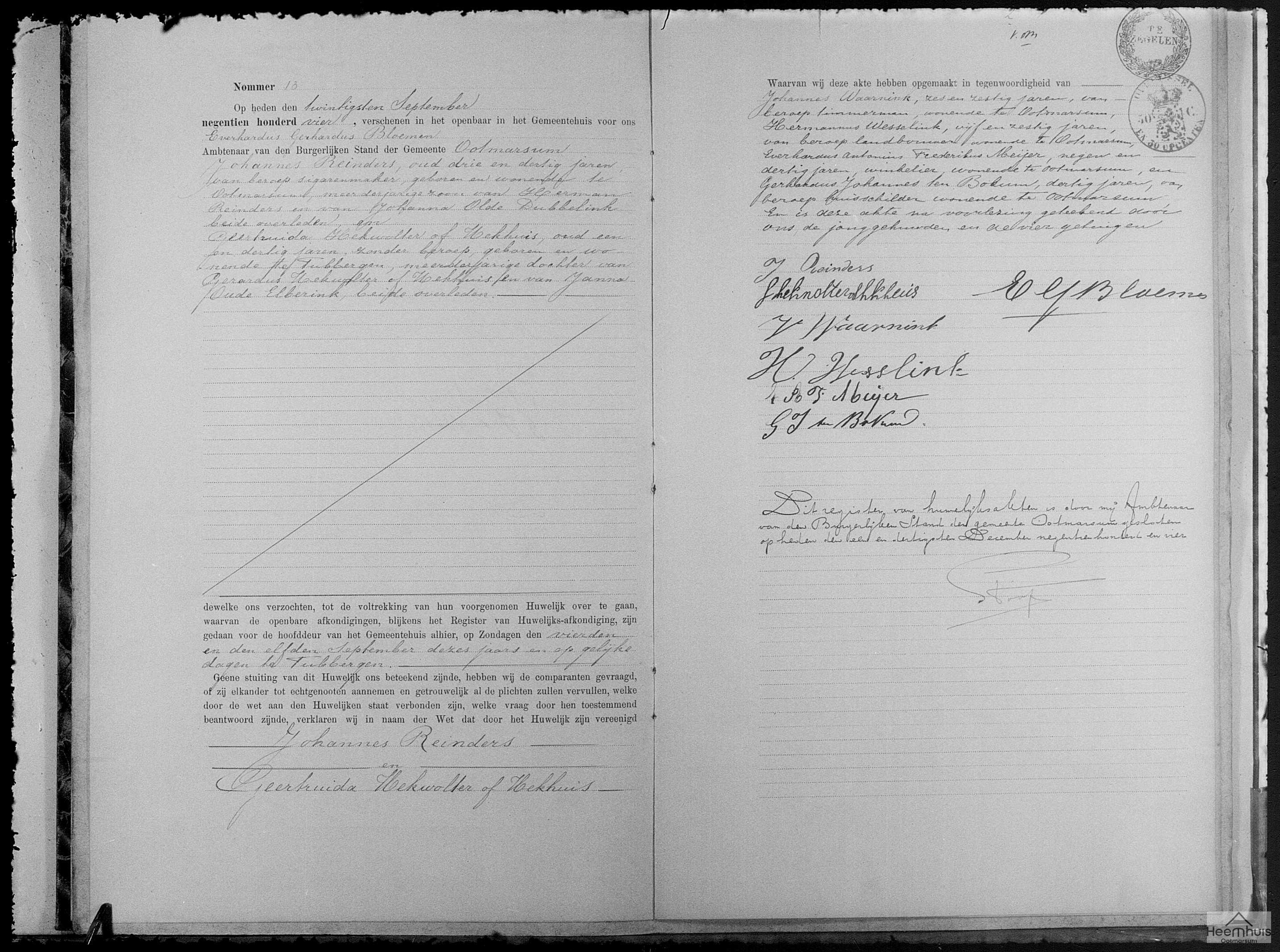 Huwelijksakte van Johannes Reinders en Geertruida Hekwolter of Hekhuis