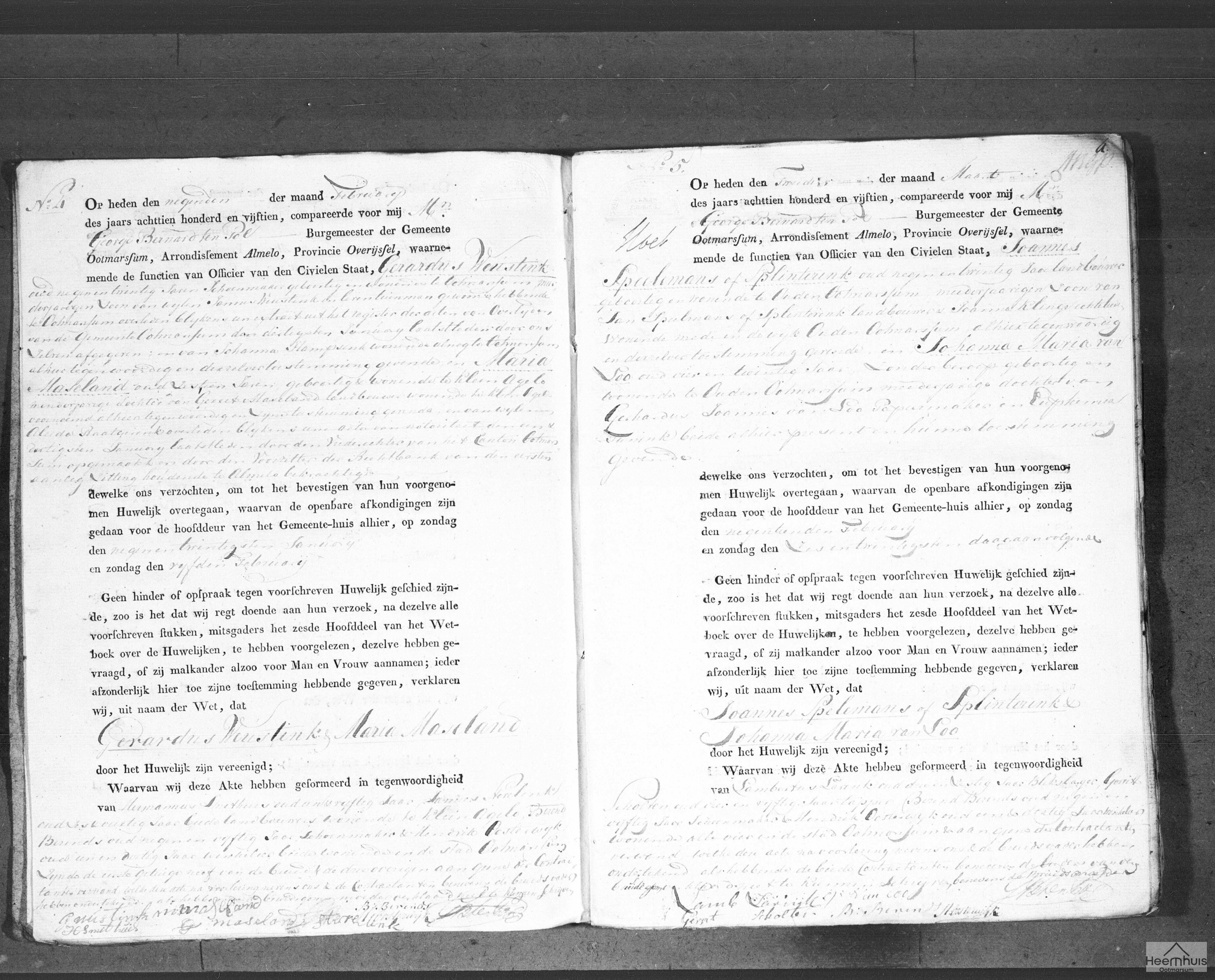 Huwelijksakte van Gerardus Weustink en Maria Maseland