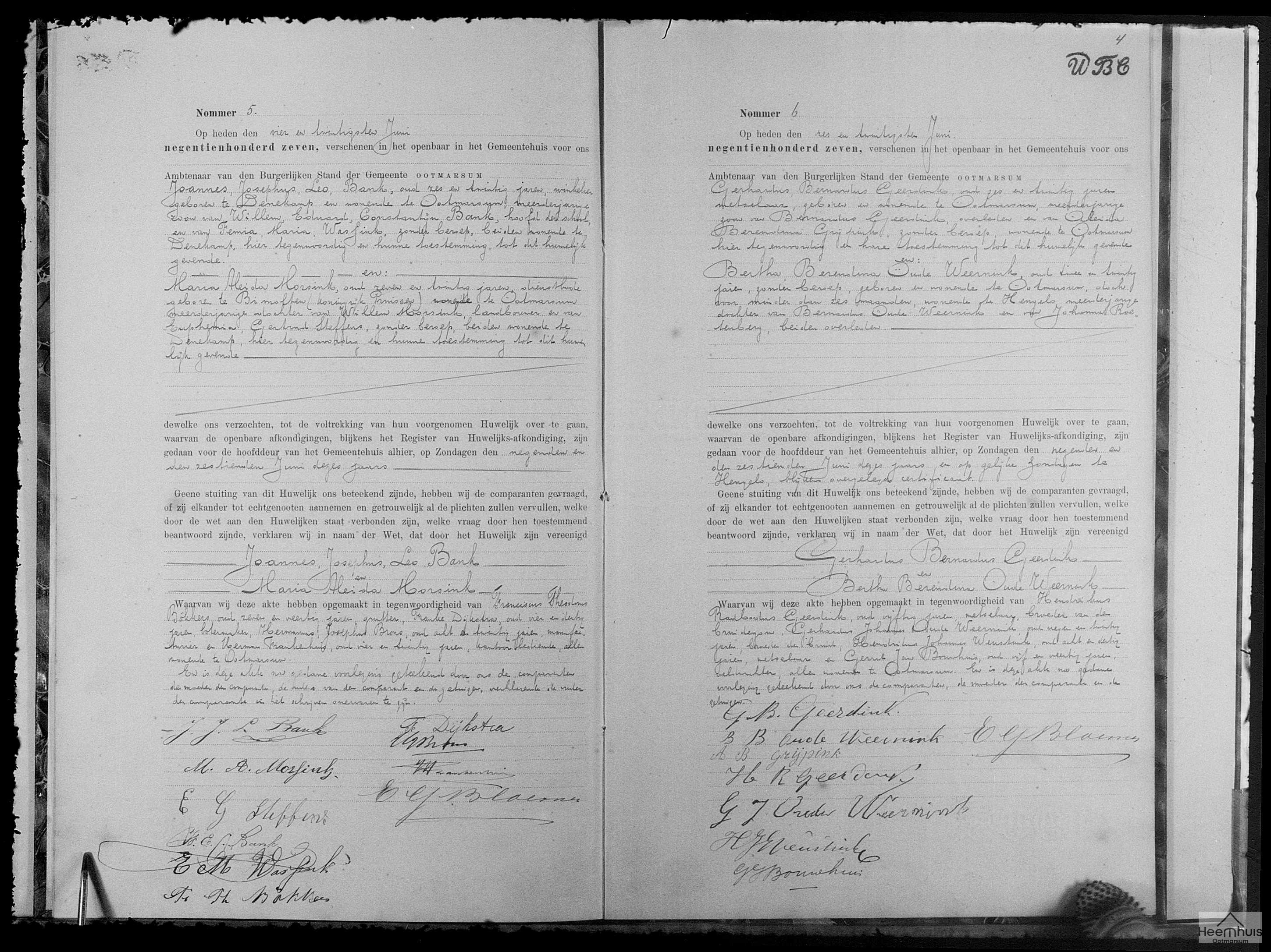 Huwelijksakte van Joannes Josephus Leo Bank en Maria Aleida Morsink