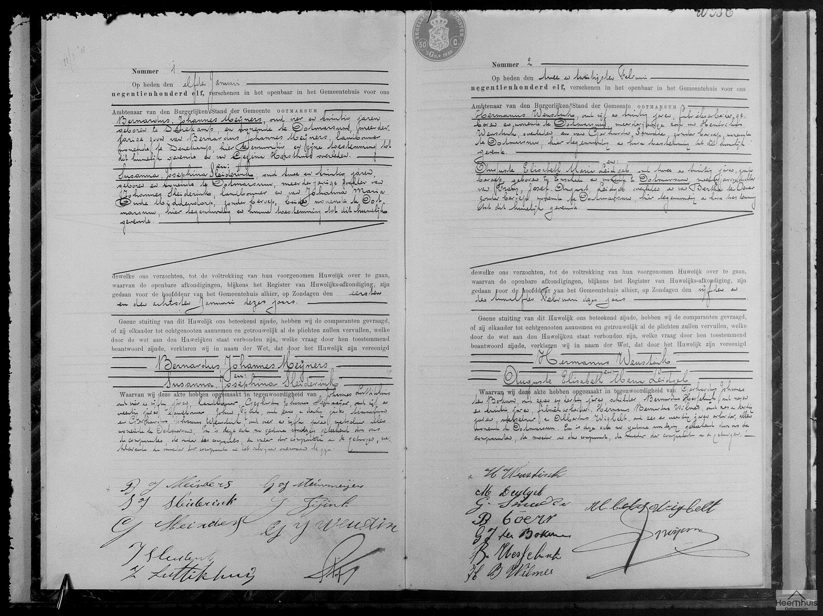 Huwelijksakte van Bernardus Johannes Meijners en Susanna Josephina Sleiderink
