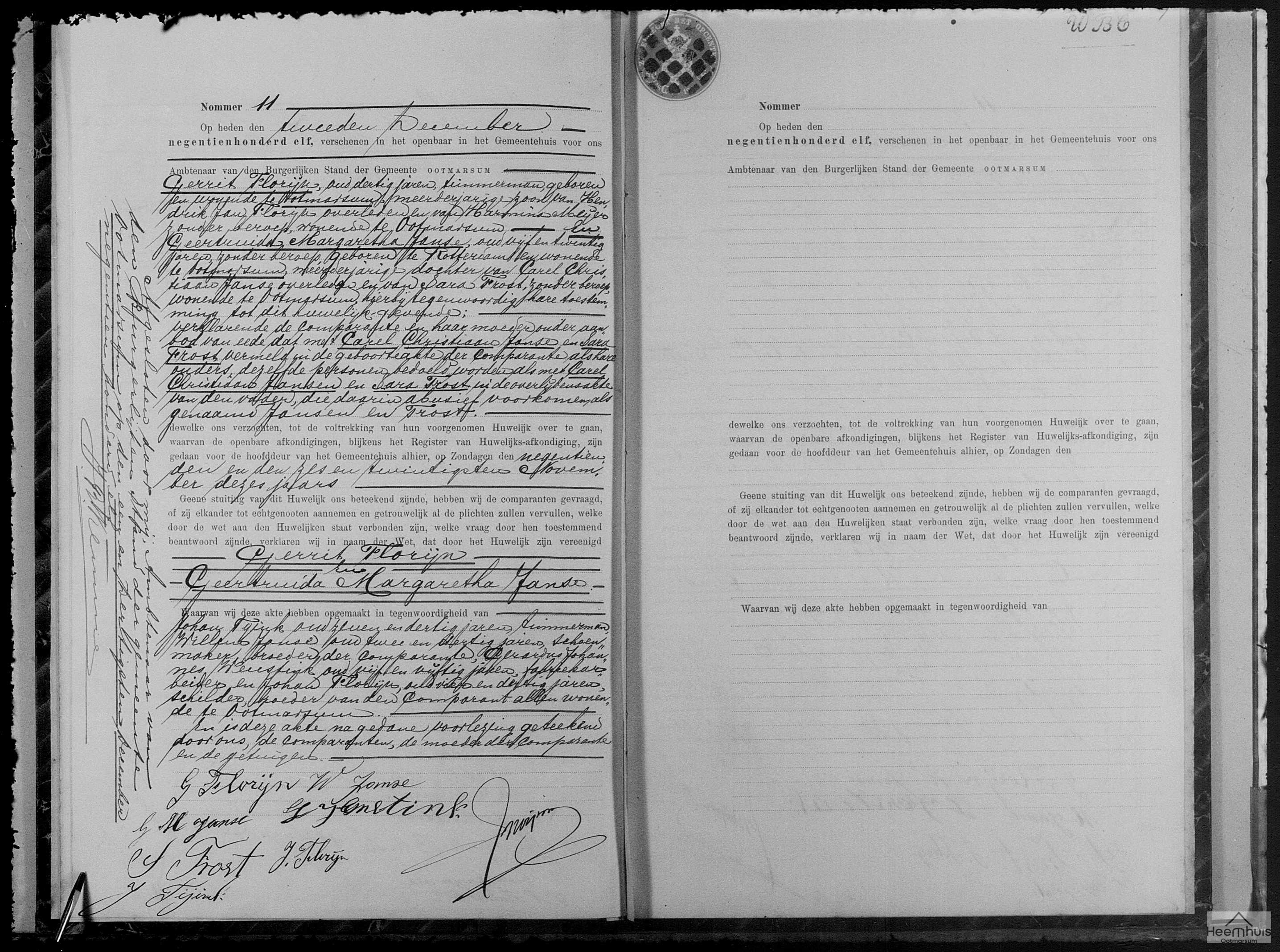 Huwelijksakte van Gerrit Florijn en Geertruida Margaretha Janse