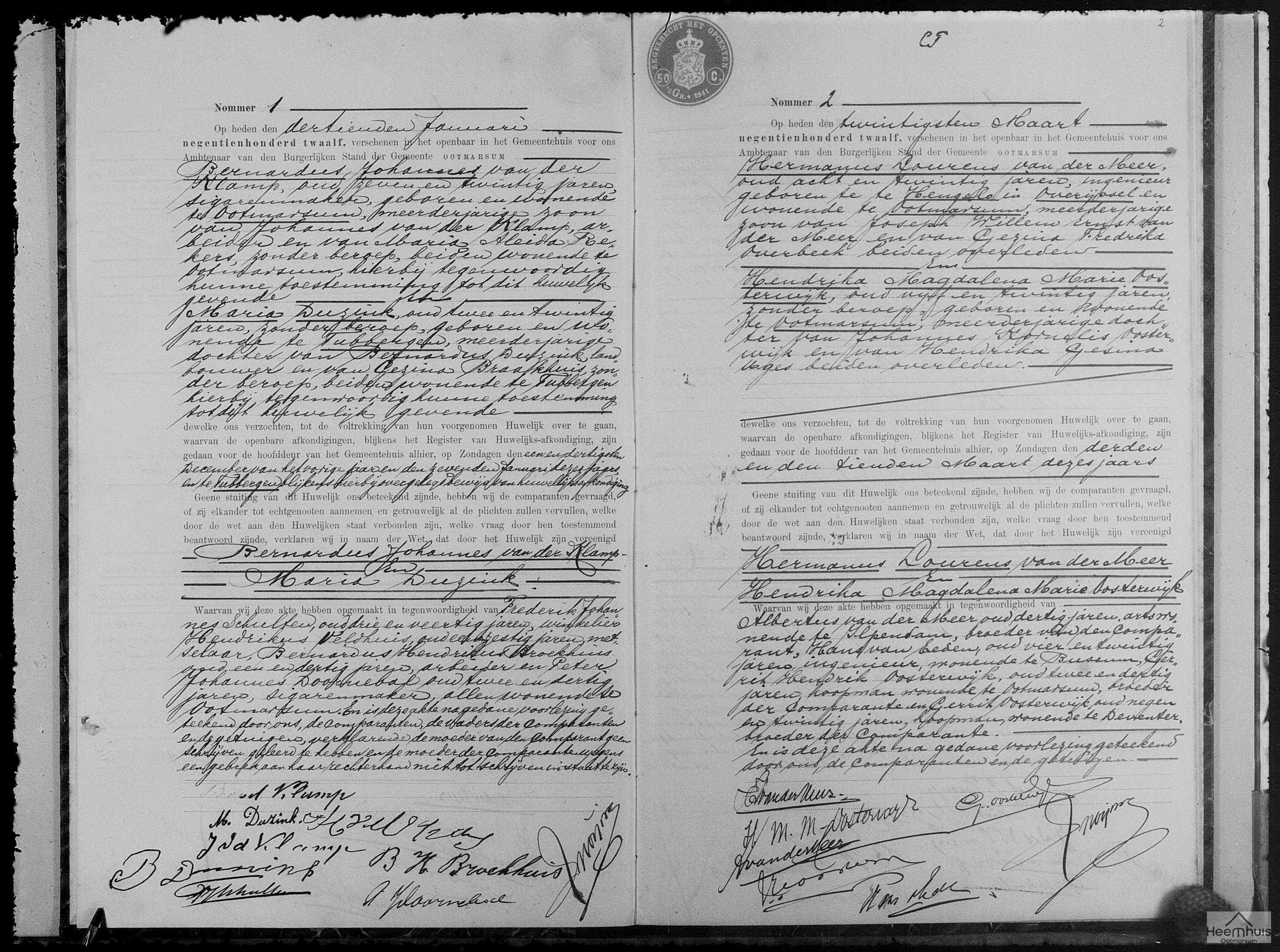 Huwelijksakte van Bernardus Johannes van der Klamp en Maria Duzink