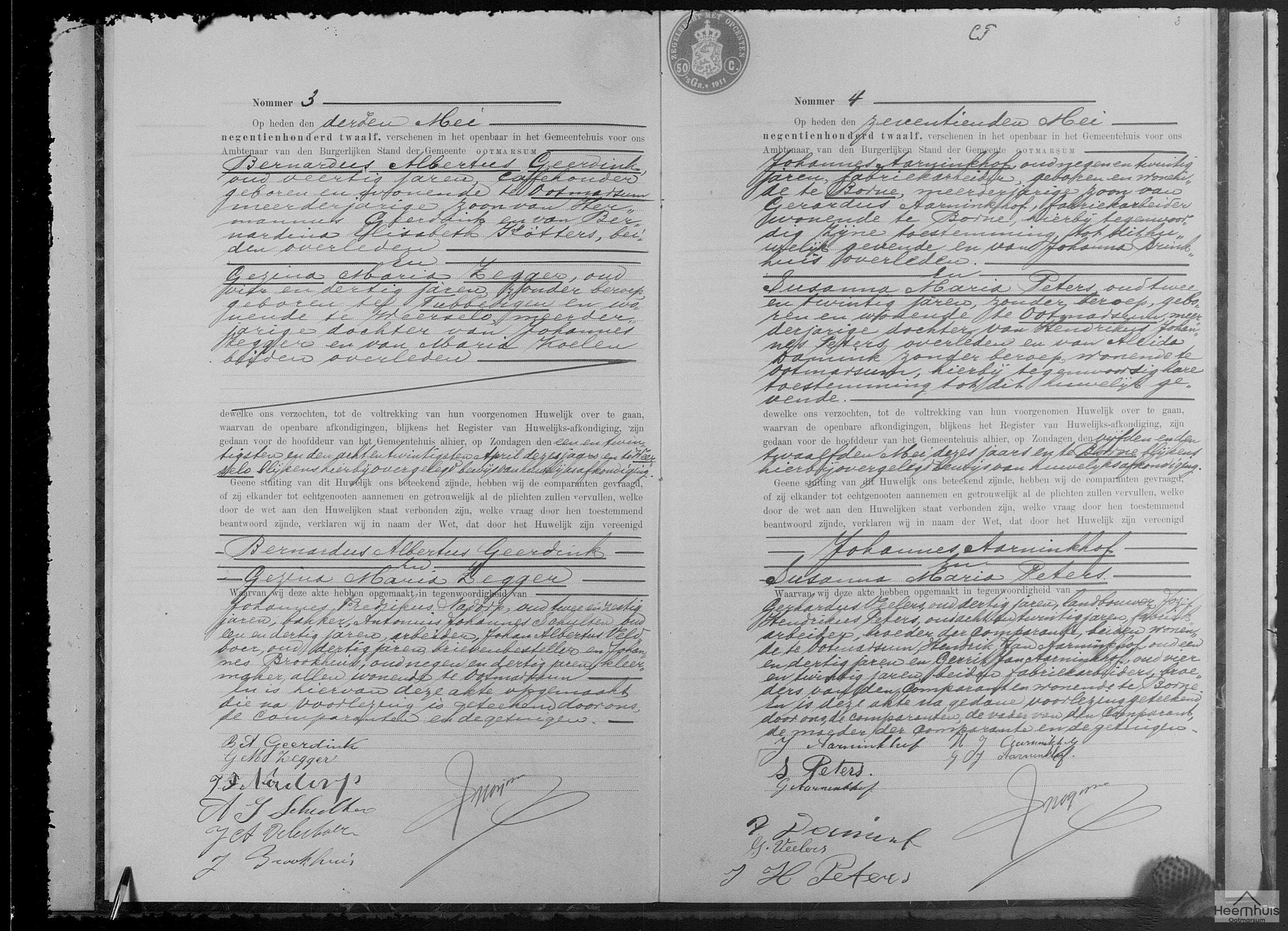 Huwelijksakte van Bernardus Albertus Geerdink en Gezina Maria Zegger