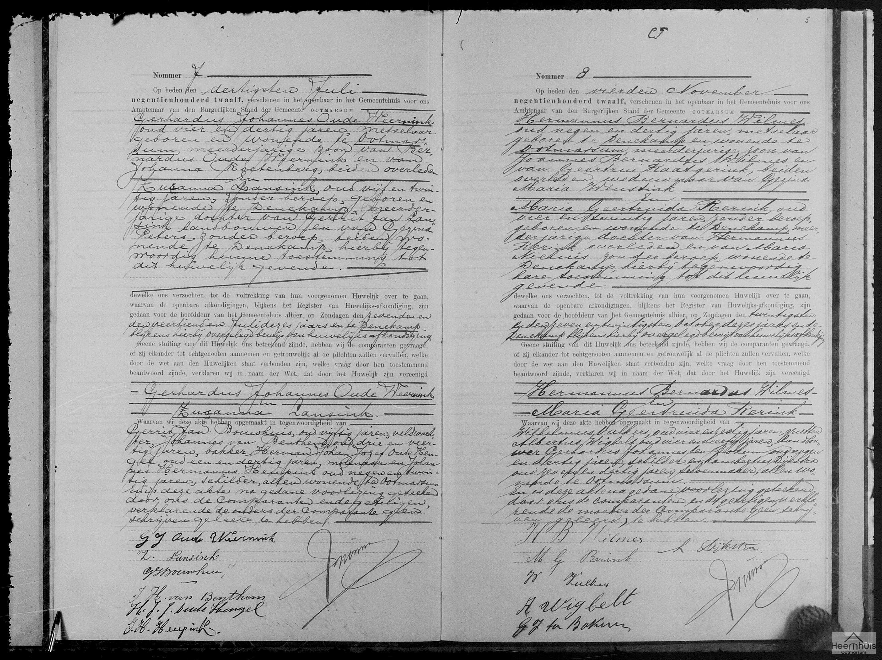 Huwelijksakte van Gerhardus Johannes Oude Weernink en Zusanna Lansink