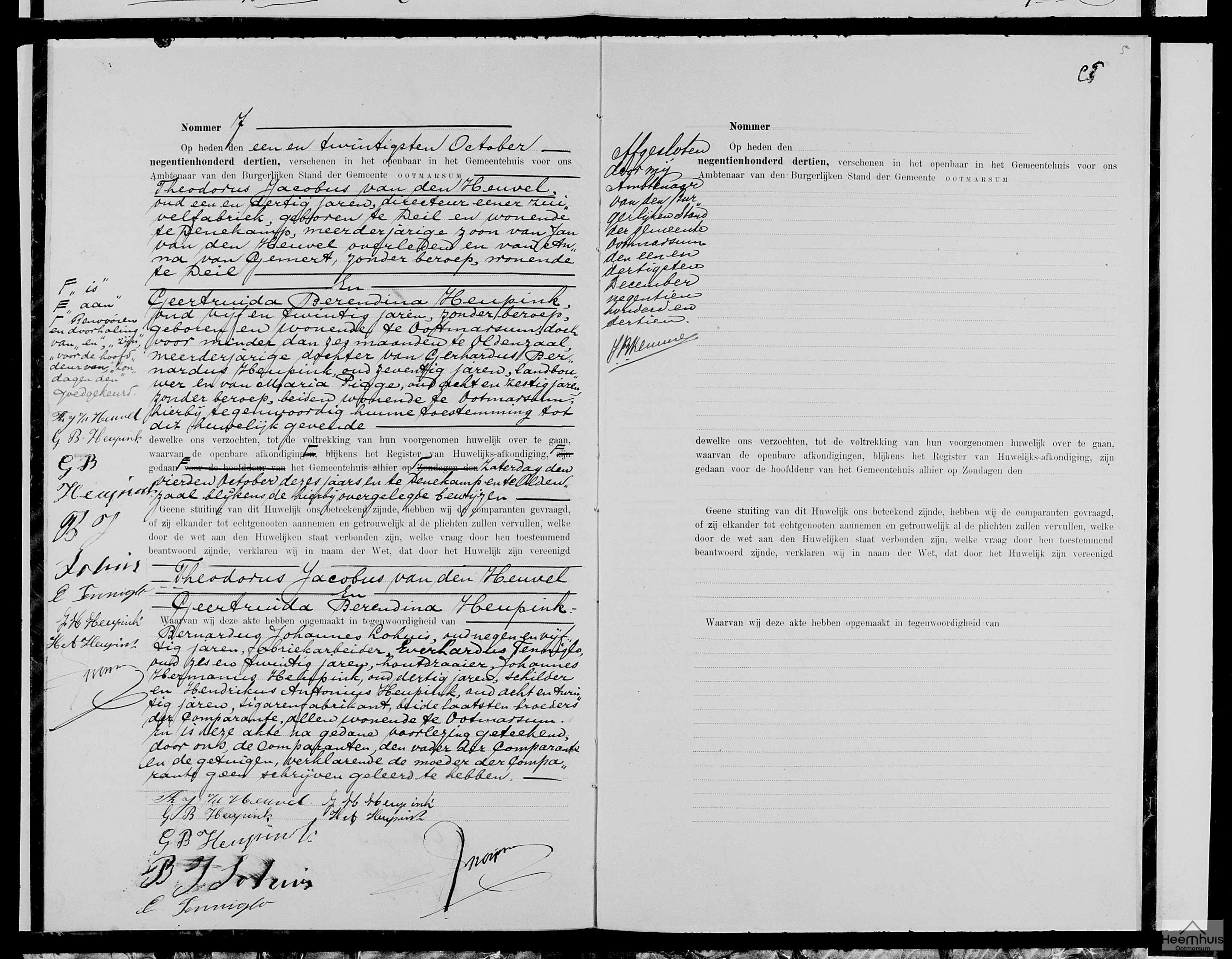 Huwelijksakte van Theodorus Jacobus van den Heuvel en Geertruida Berendina Heupink