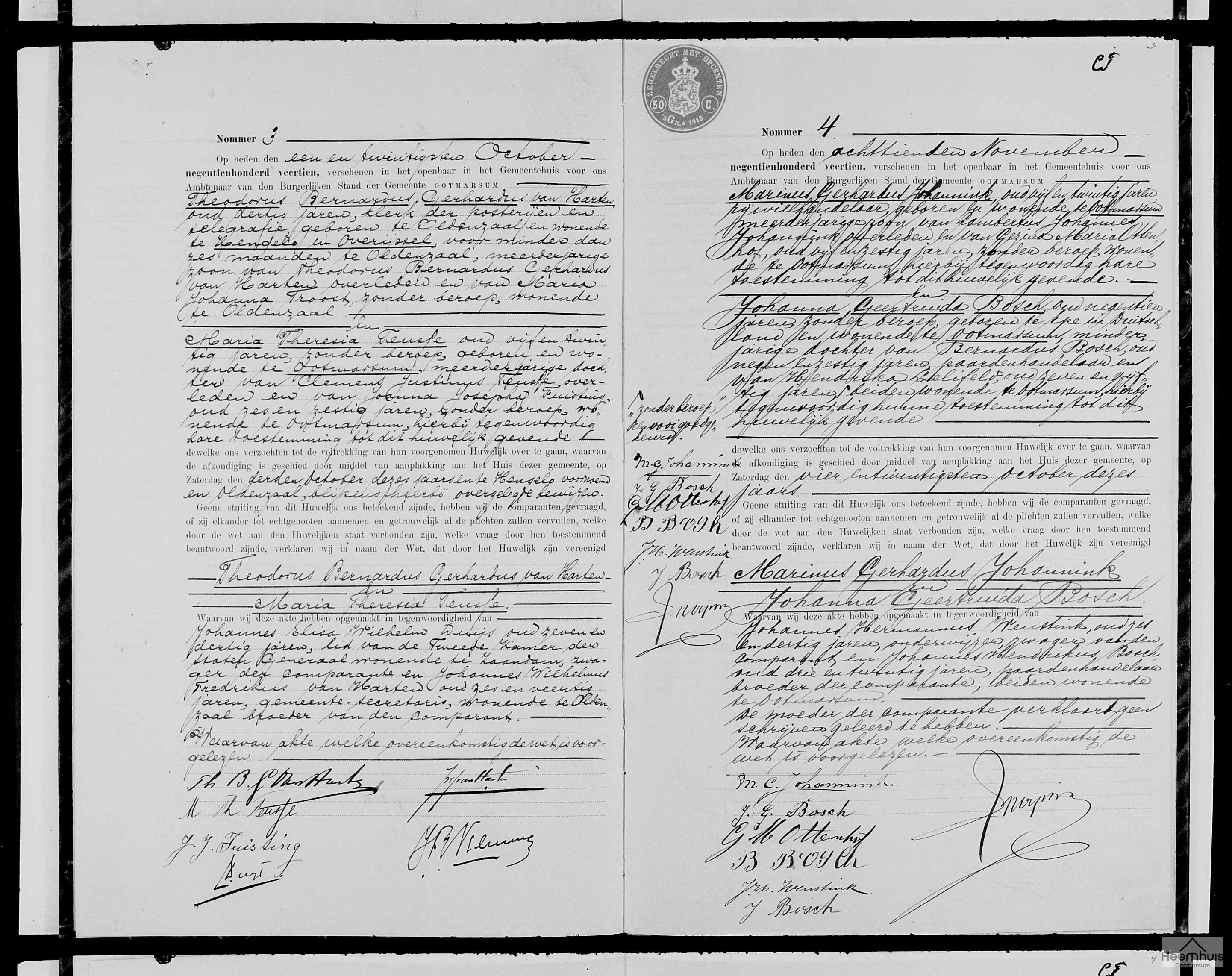 Huwelijksakte van Theodorus Bernardus Gerhardus van Harten en Maria Theresia Teusse