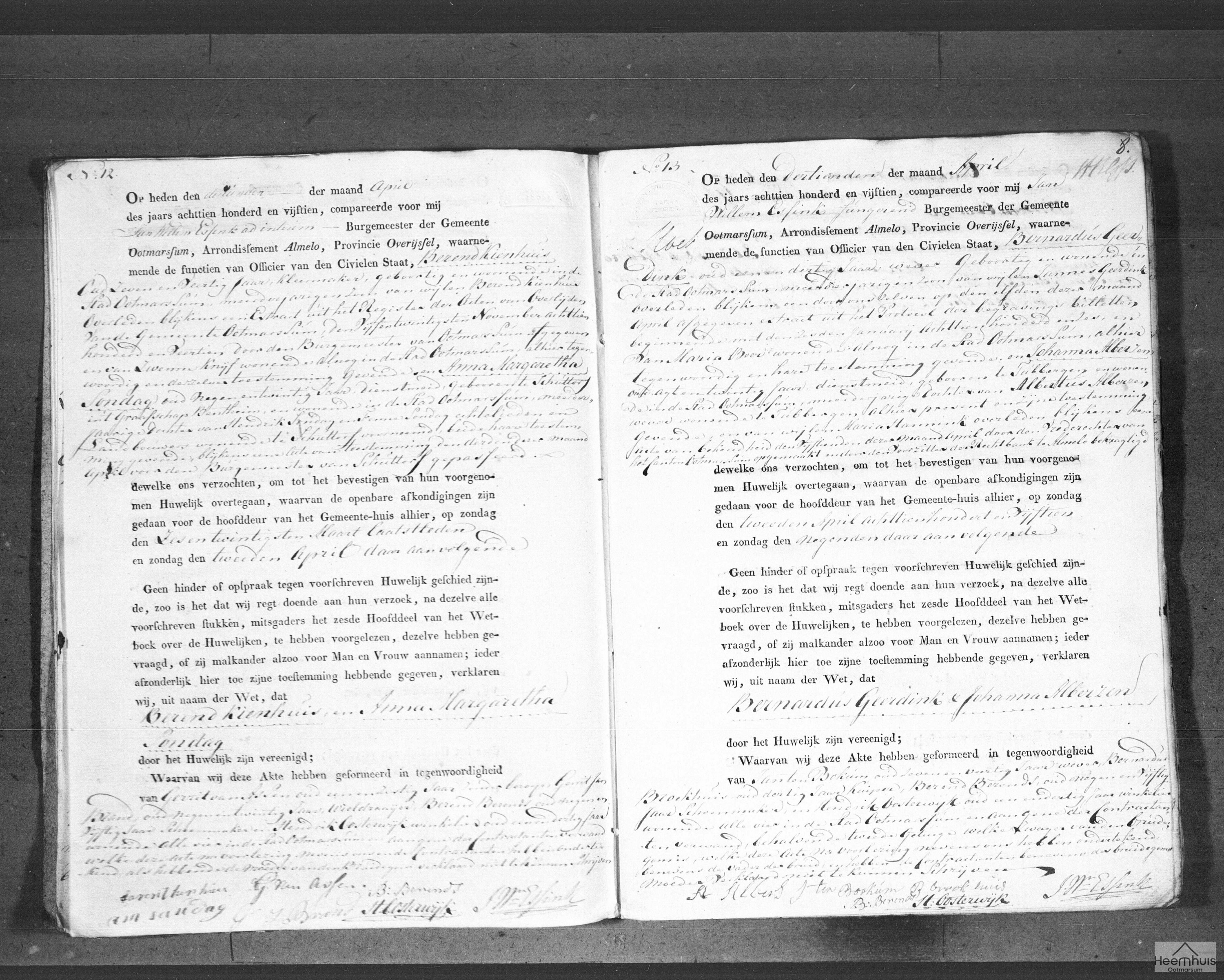 Huwelijksakte van Berend Kienhuis en Anna Margaretha Sondag
