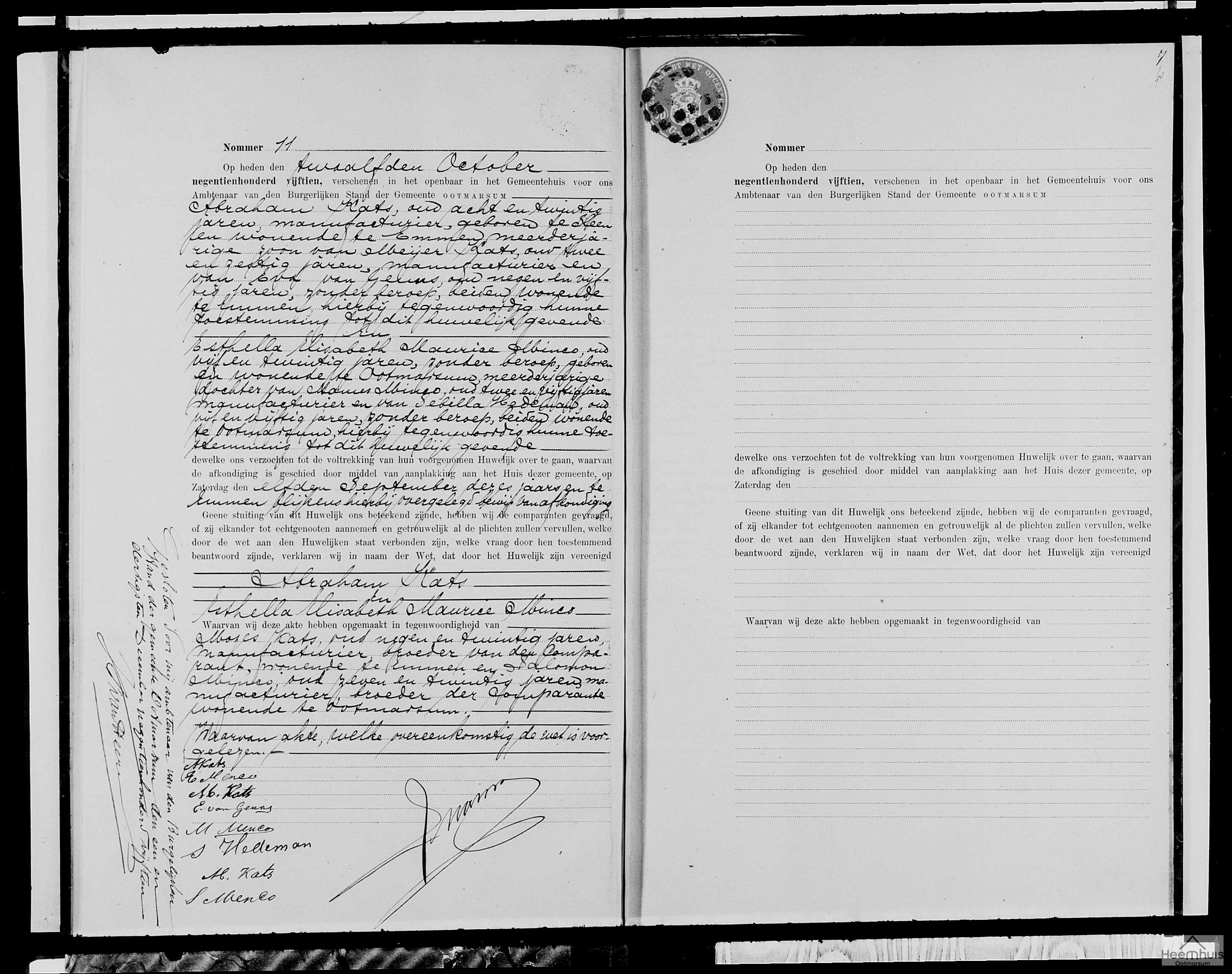 Huwelijksakte van Abraham Kats en Esthella Elisabeth Maurice Minco