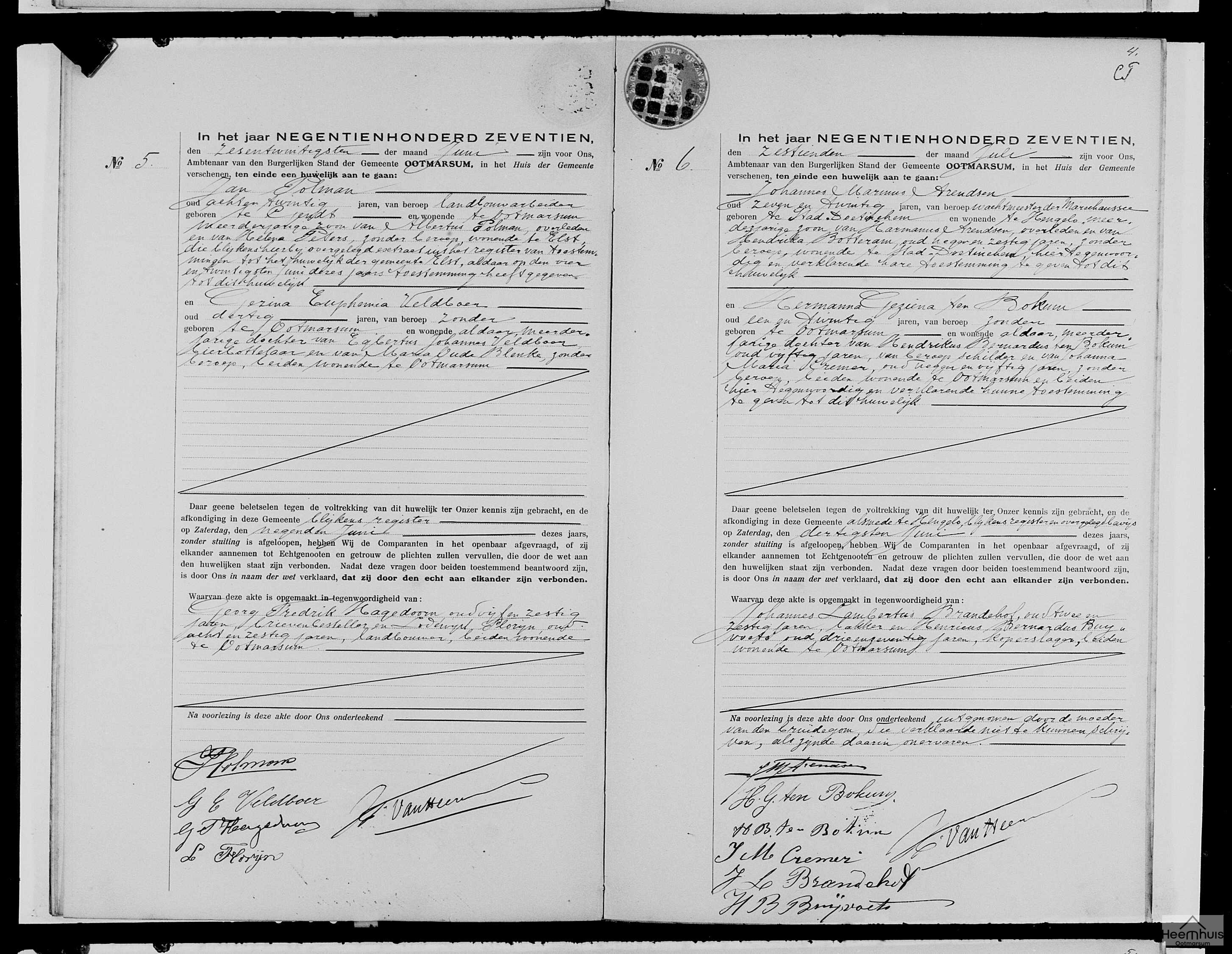 Huwelijksakte van Johannes Marinus Arendsen en Hermanna Geziena ten Bokum