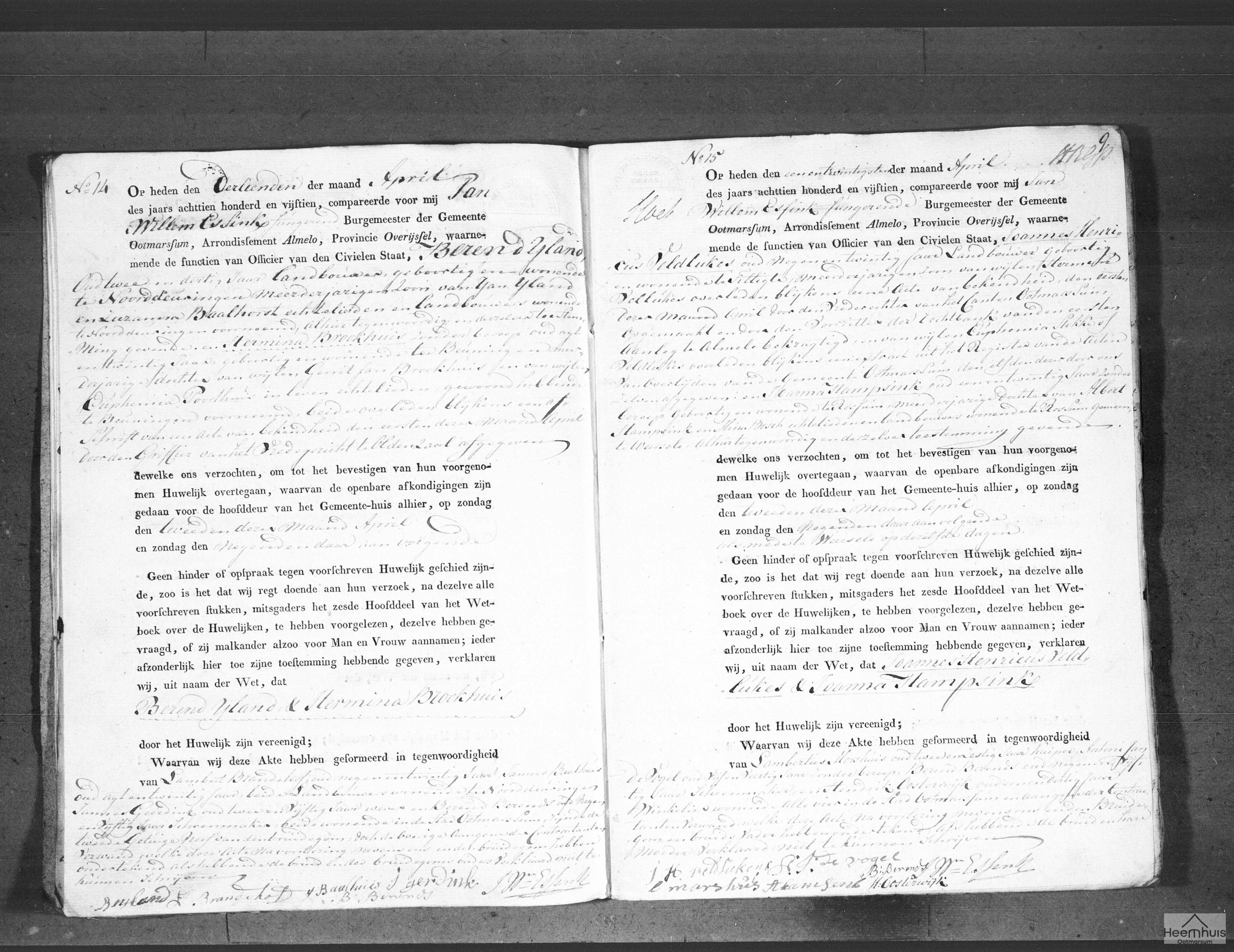 Huwelijksakte van Berend IJland en Hermina Brookhuis