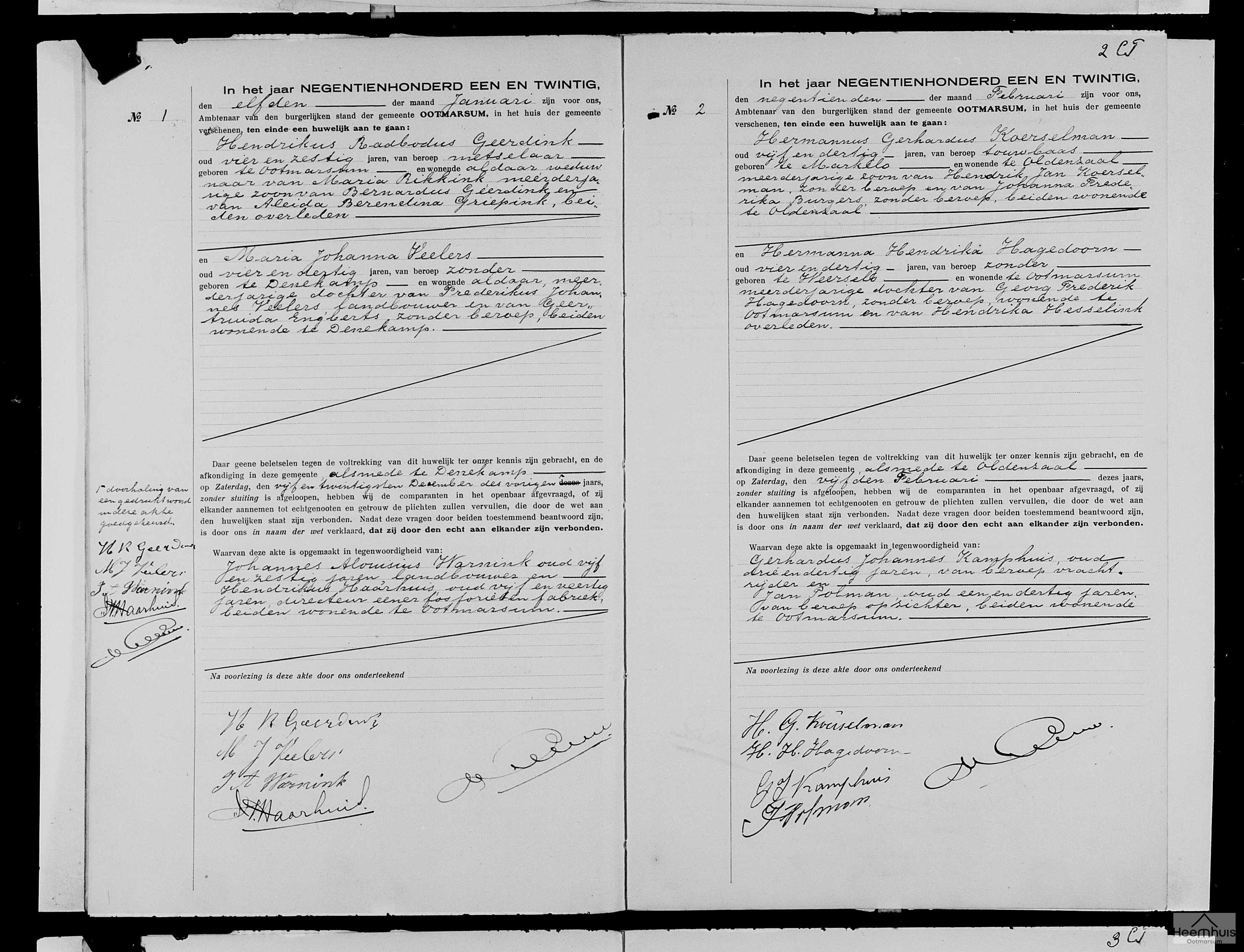Huwelijksakte van Hermannus Gerhardus Koerselman en Hermanna Hendrika Hagedoorn