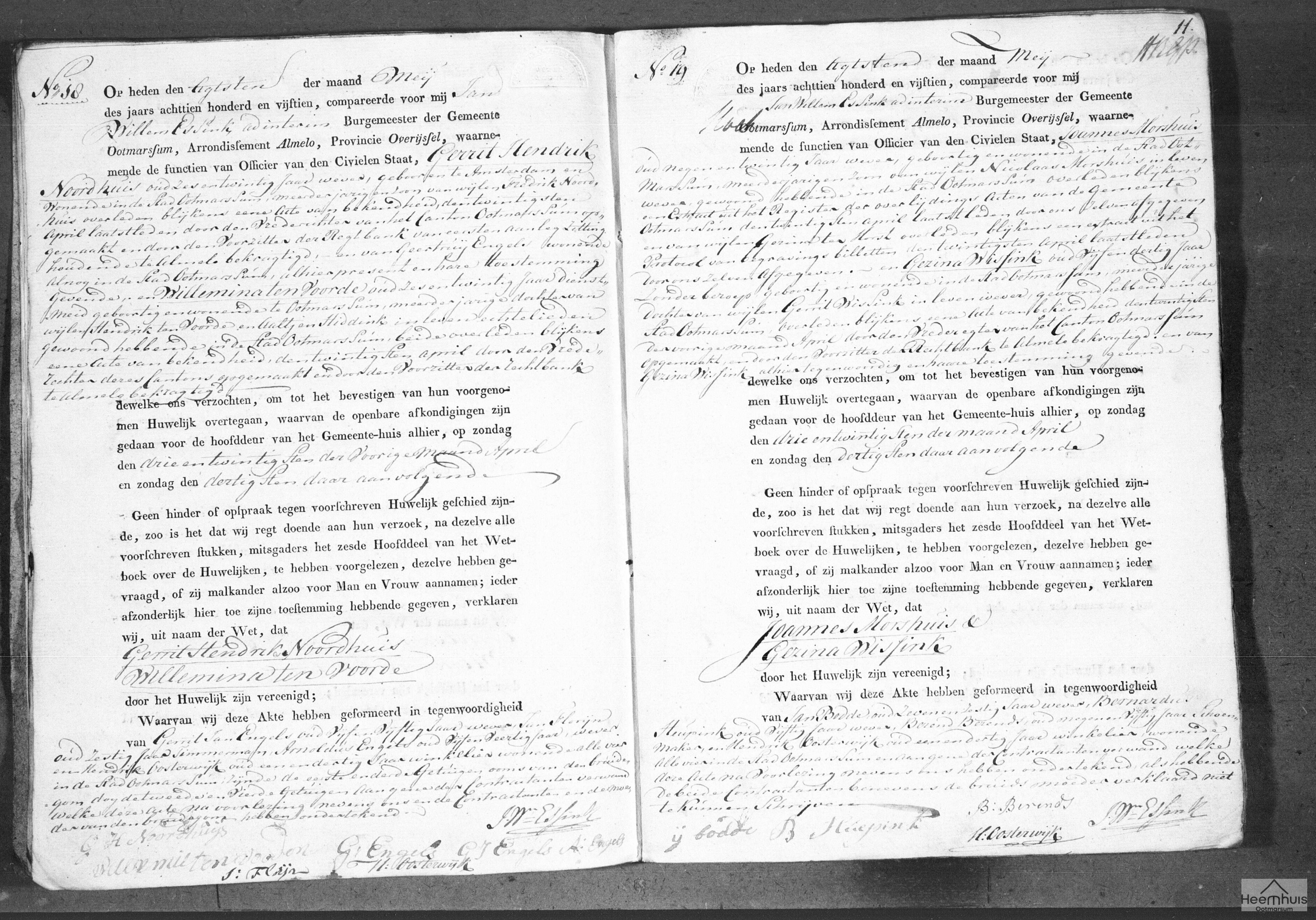 Huwelijksakte van Gerrit Hendrik Noordhuis en Willemina ten Voorde
